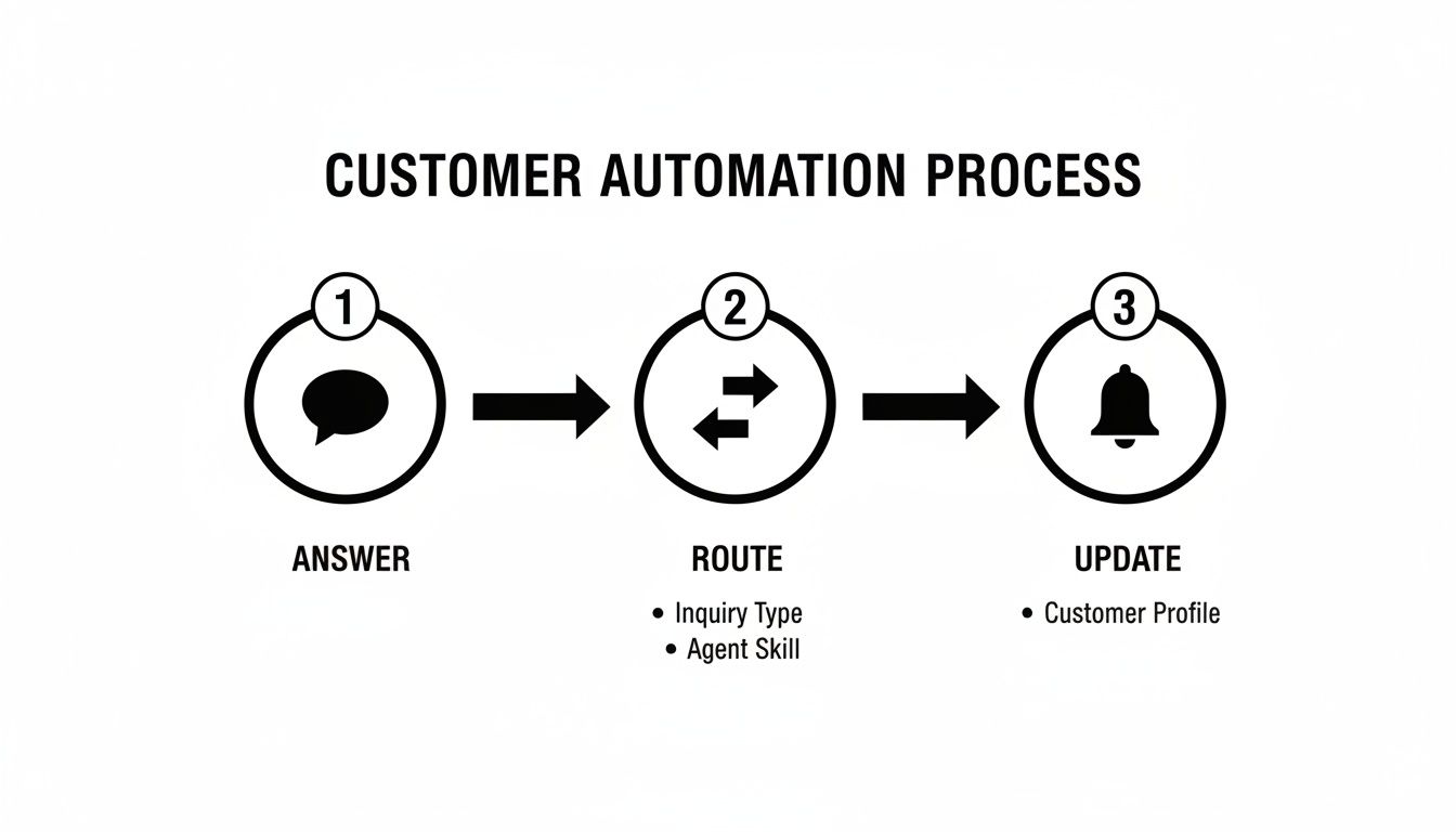 Flowchart illustrating the customer automation process with steps: Answer, Route (by inquiry type, agent skill), and Update (customer profile).