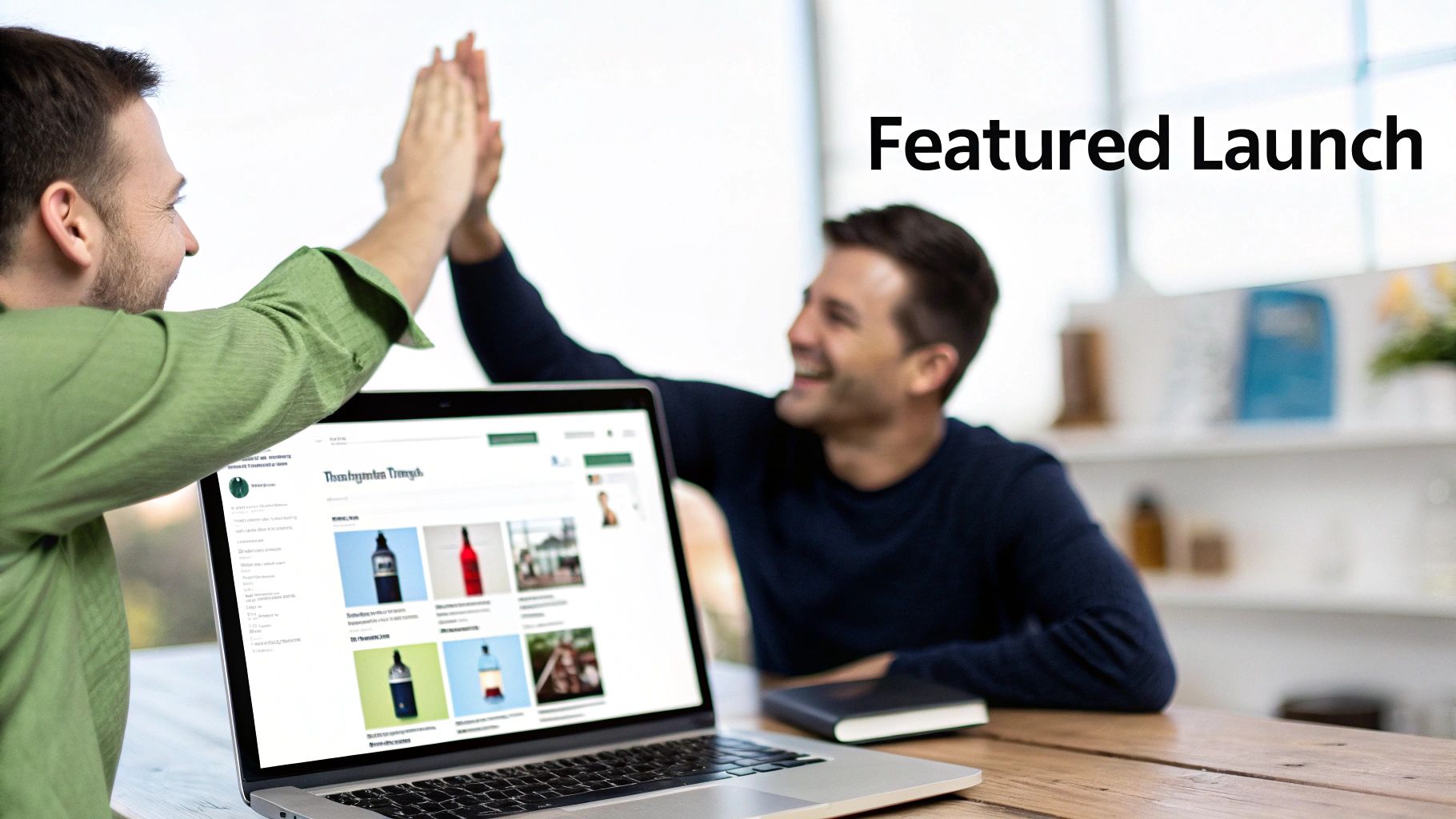 Two smiling men high-fiving over a laptop displaying an e-commerce website during a product launch.