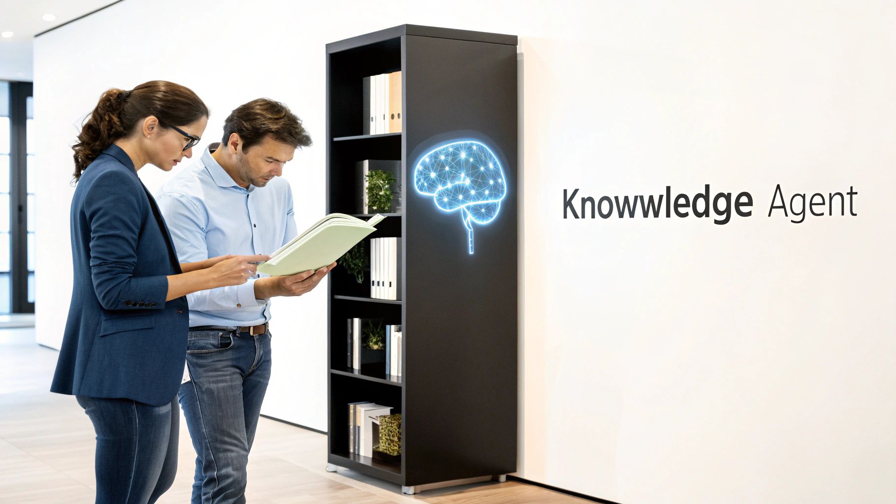 Two professionals analyze a document near a bookshelf with a glowing AI brain icon and 'Knowledge Agent' text.