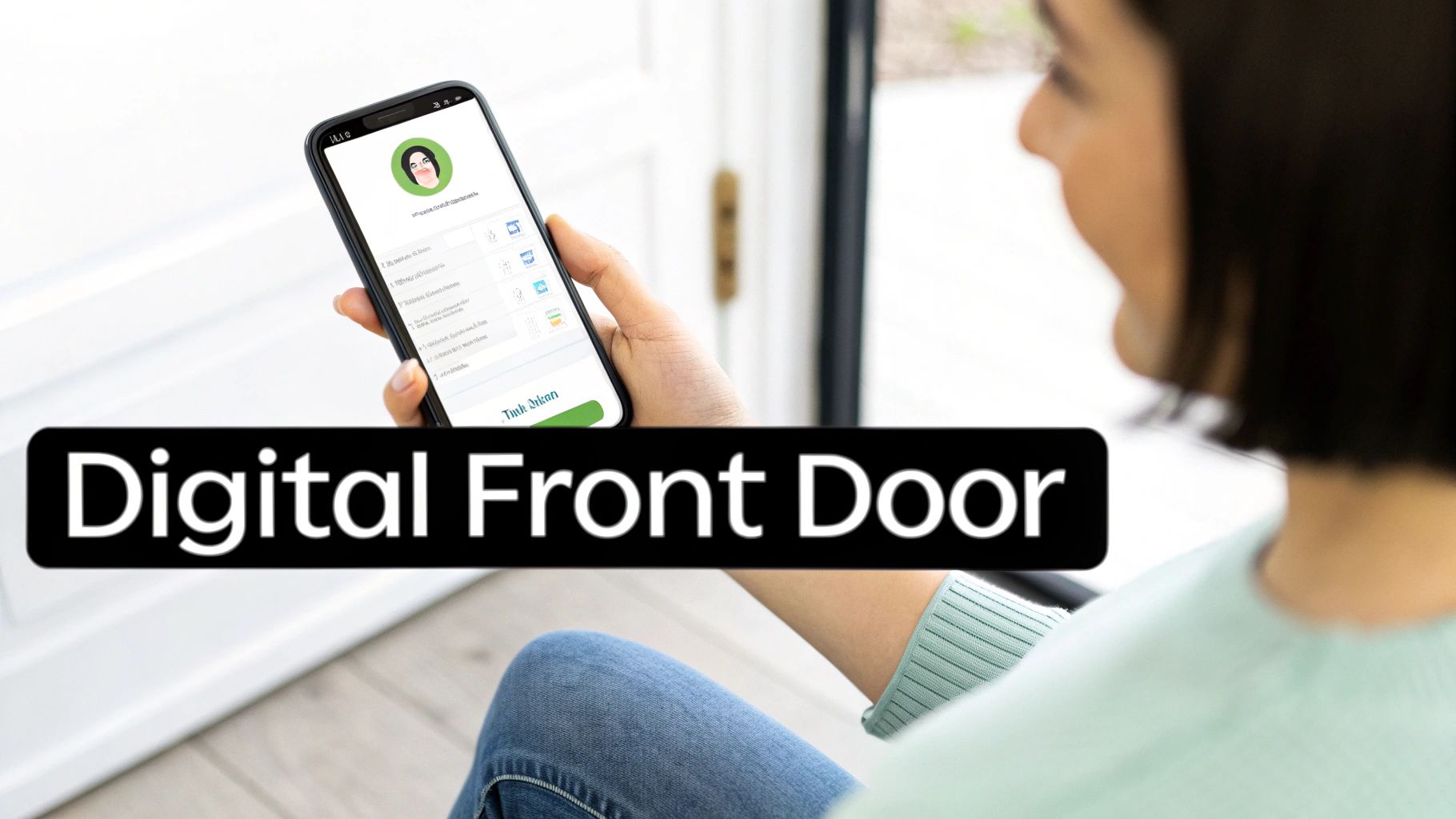 A person holds a smartphone displaying a healthcare app, with a 'Digital Front Door' overlay.