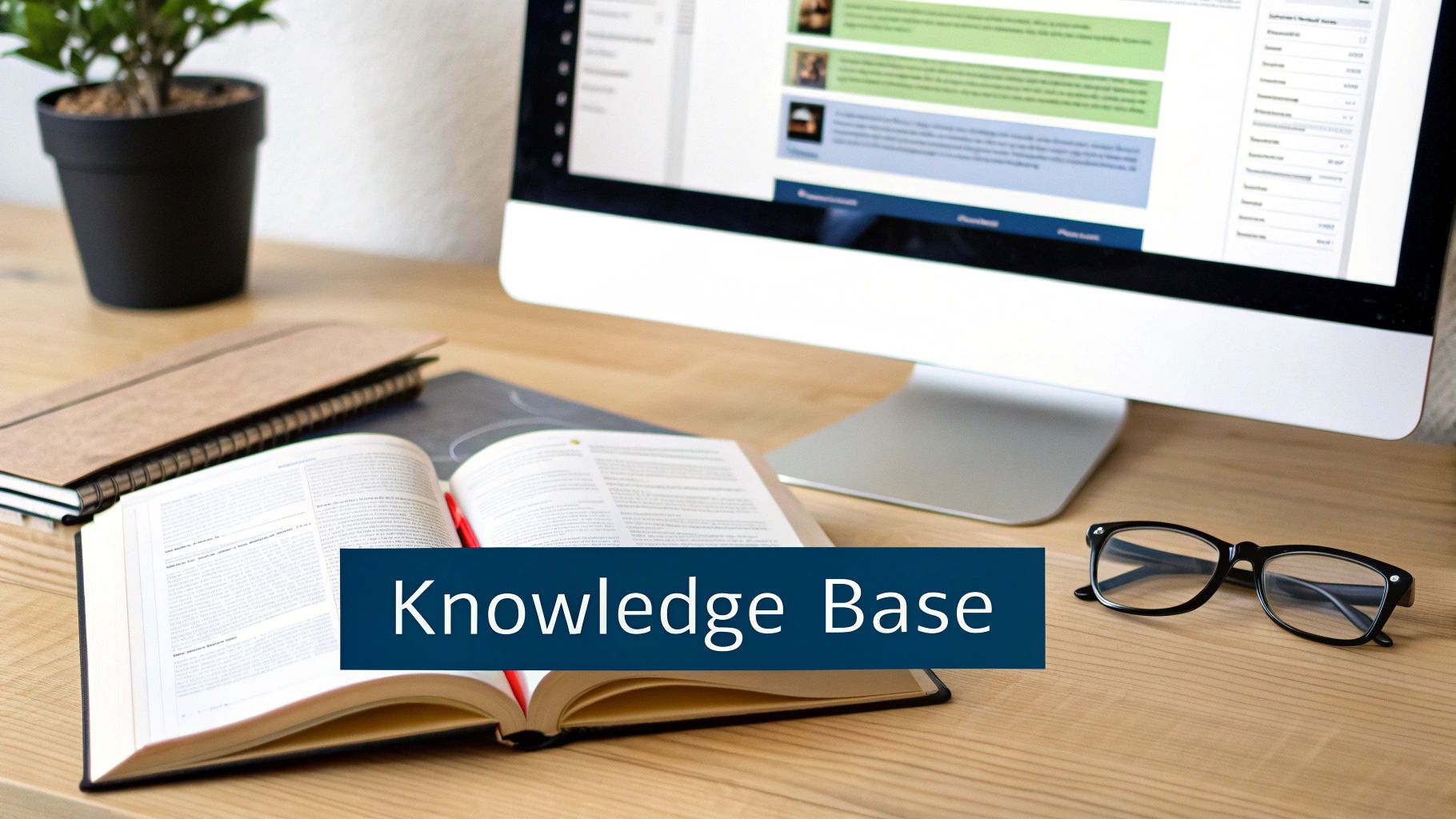 A desk with a computer monitor showing a knowledge base, an open book, notebooks, and glasses.