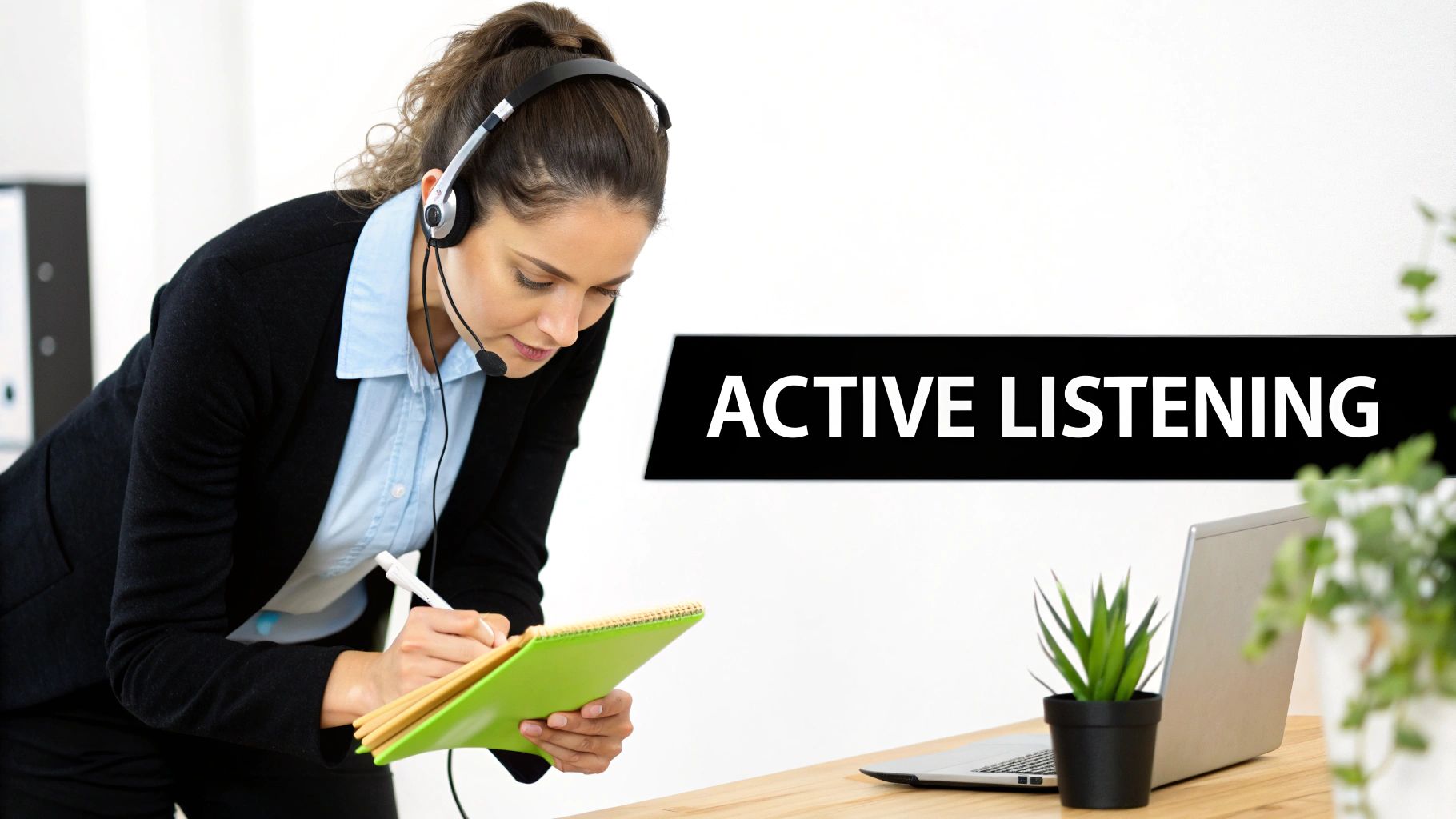 A woman wearing a headset actively listening and taking notes, with 'ACTIVE LISTENING' text on a banner.