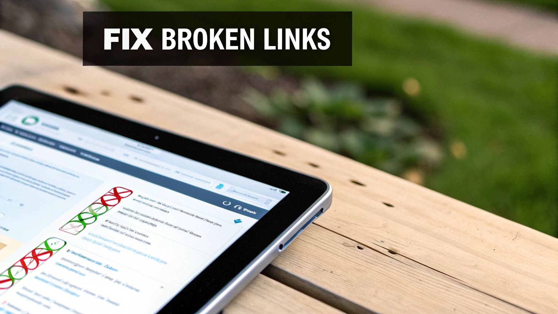 A tablet on a wooden table displaying a report with red and green broken link indicators, under the text 'FIX BROKEN LINKS'.
