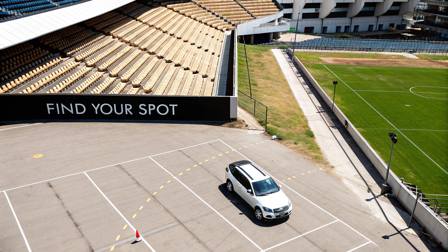 Aerial view of a white car parked in a stadium parking lot with a 'FIND YOUR SPOT' sign.
