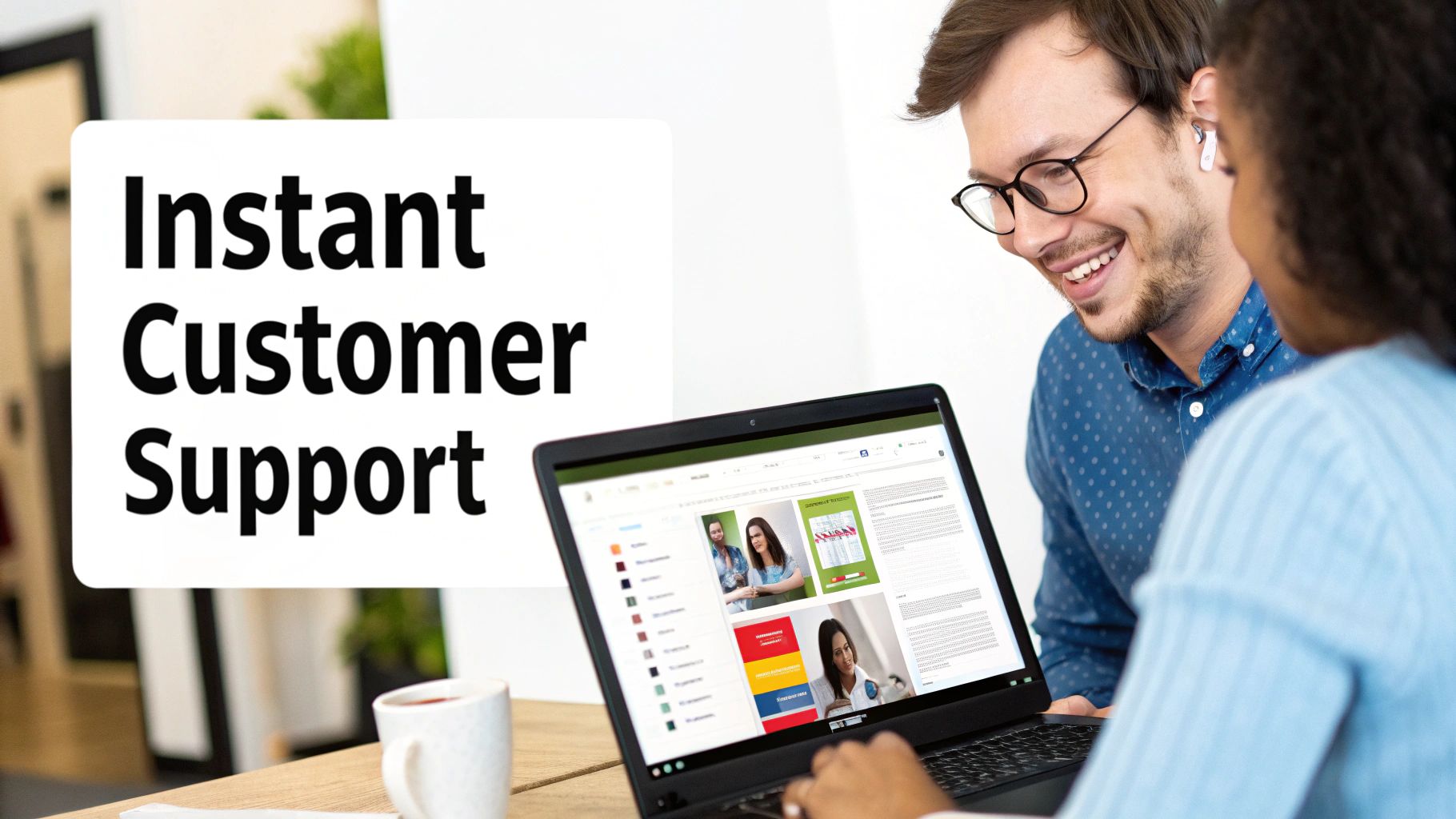 Two smiling people collaborating on a laptop, receiving instant customer support, with a coffee cup on the table.