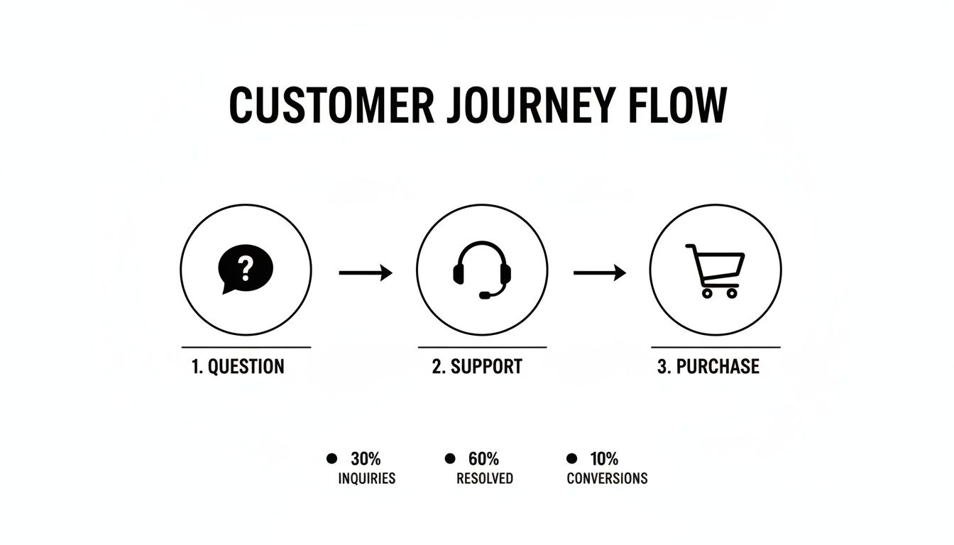 Customer journey flow diagram showing steps from question to support to purchase, with conversion metrics.