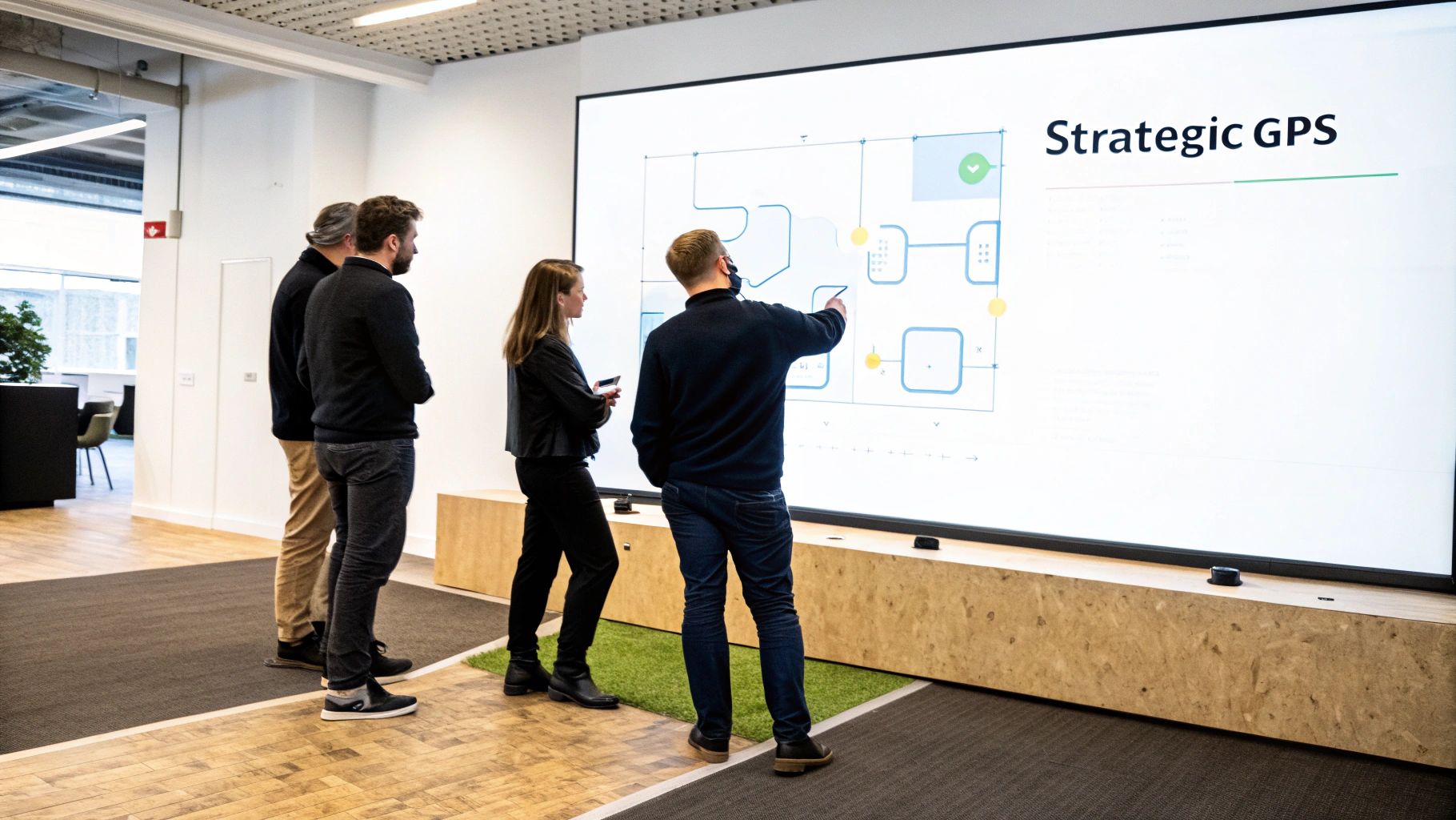 Four colleagues analyze a strategic GPS product roadmap on a large interactive screen in an office.