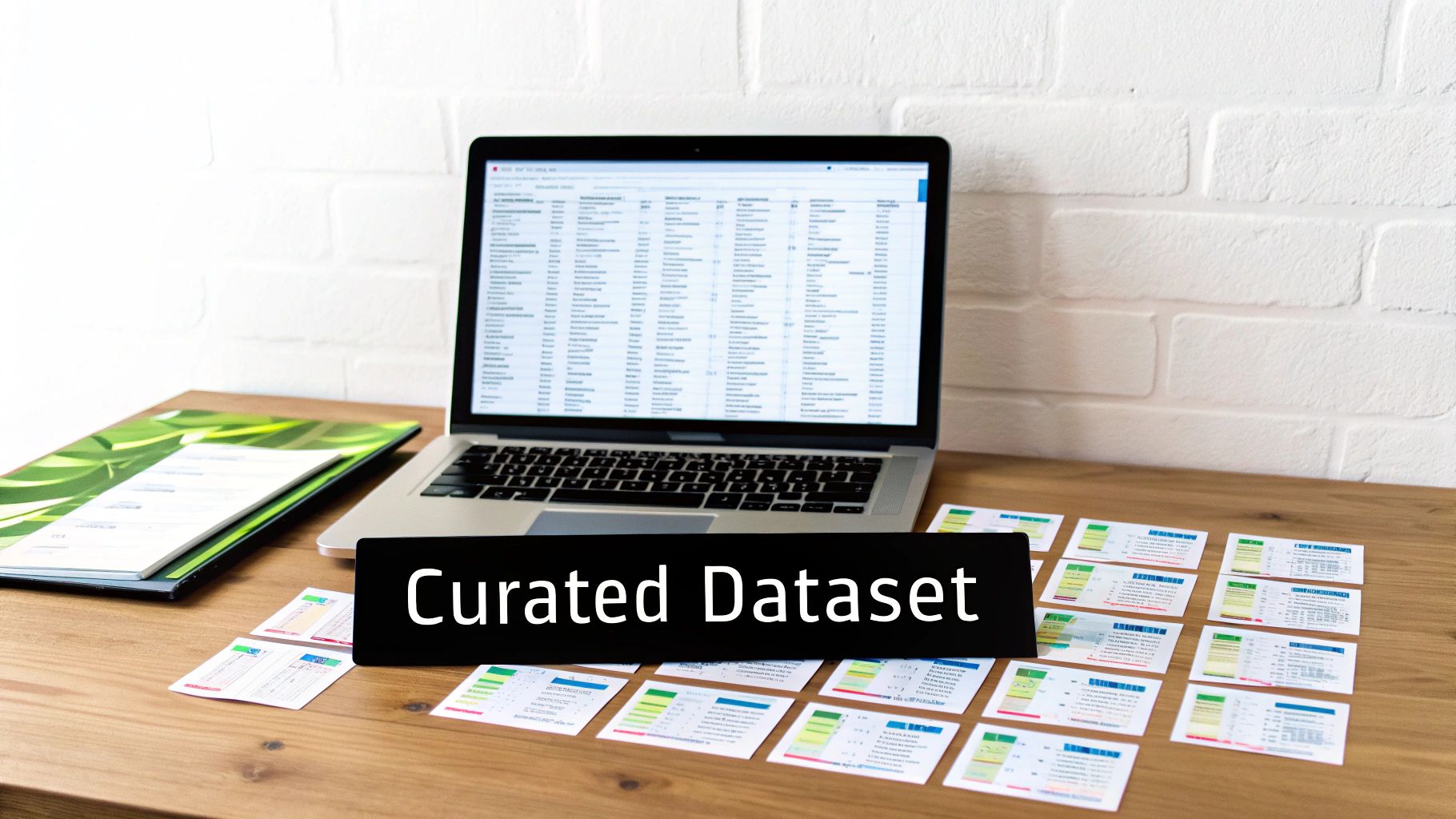 A laptop displays data on a wooden desk with a folder, cards, and 'Curated Dataset' text.