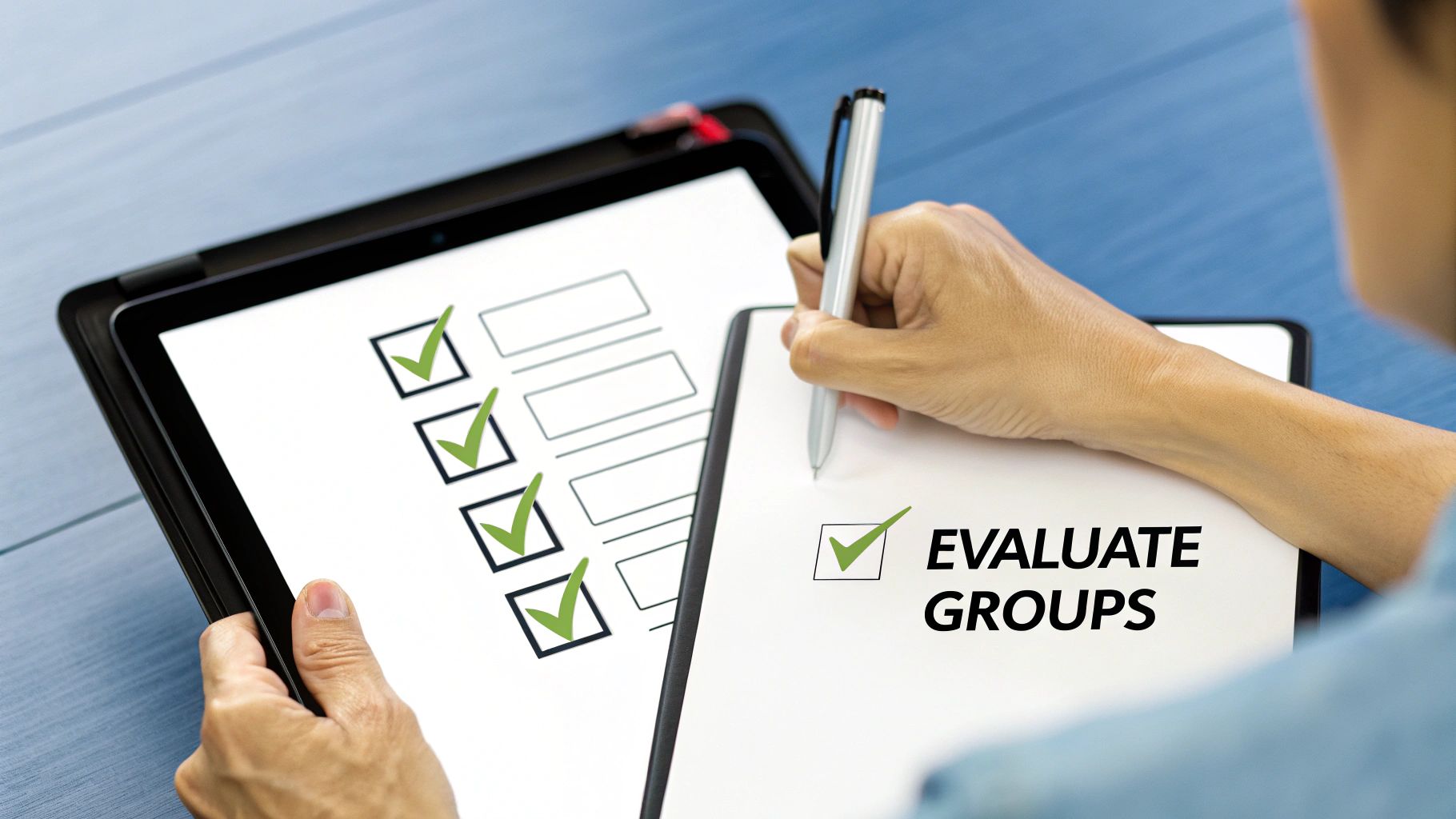 A person checking off 'Evaluate Groups' on a checklist while holding a tablet.