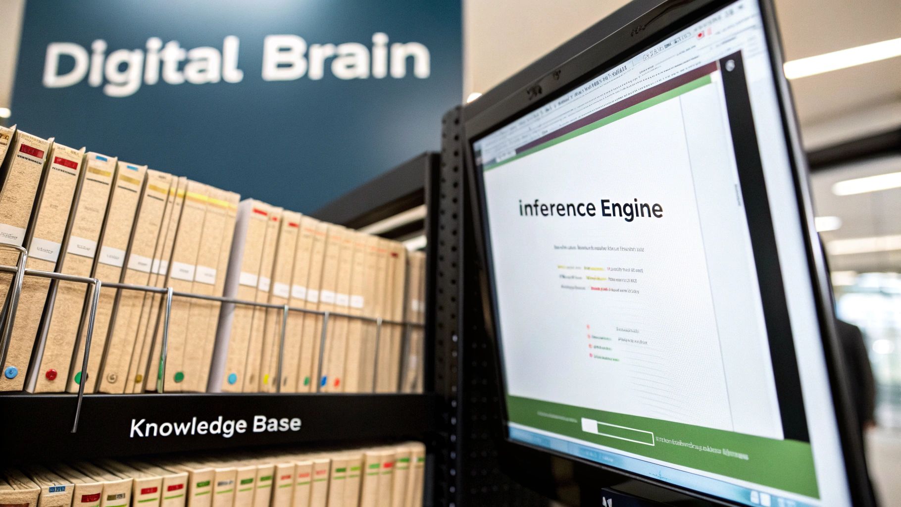 Computer monitor displaying inference engine interface next to organized knowledge base folders on shelf