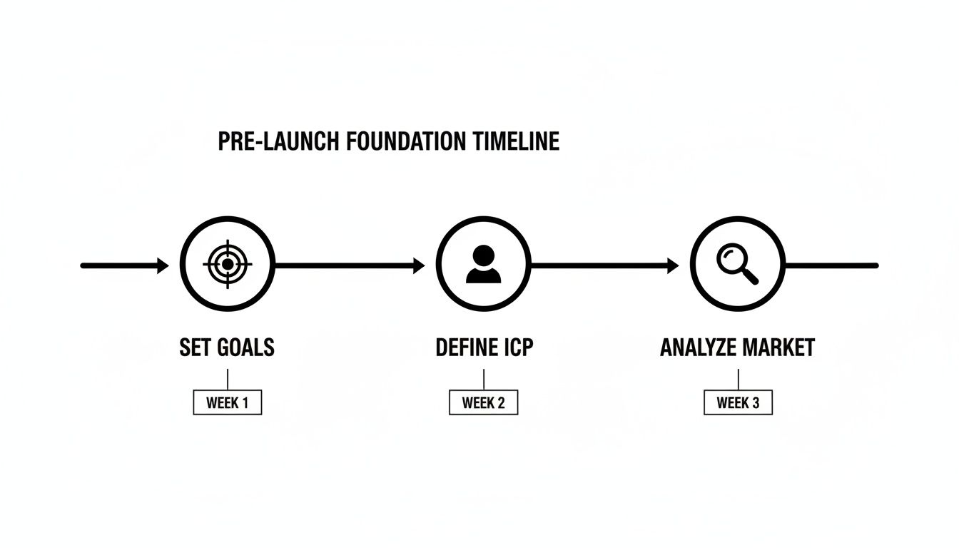 Pre-launch foundation timeline outlining steps: Set Goals (Week 1), Define ICP (Week 2), Analyze Market (Week 3).