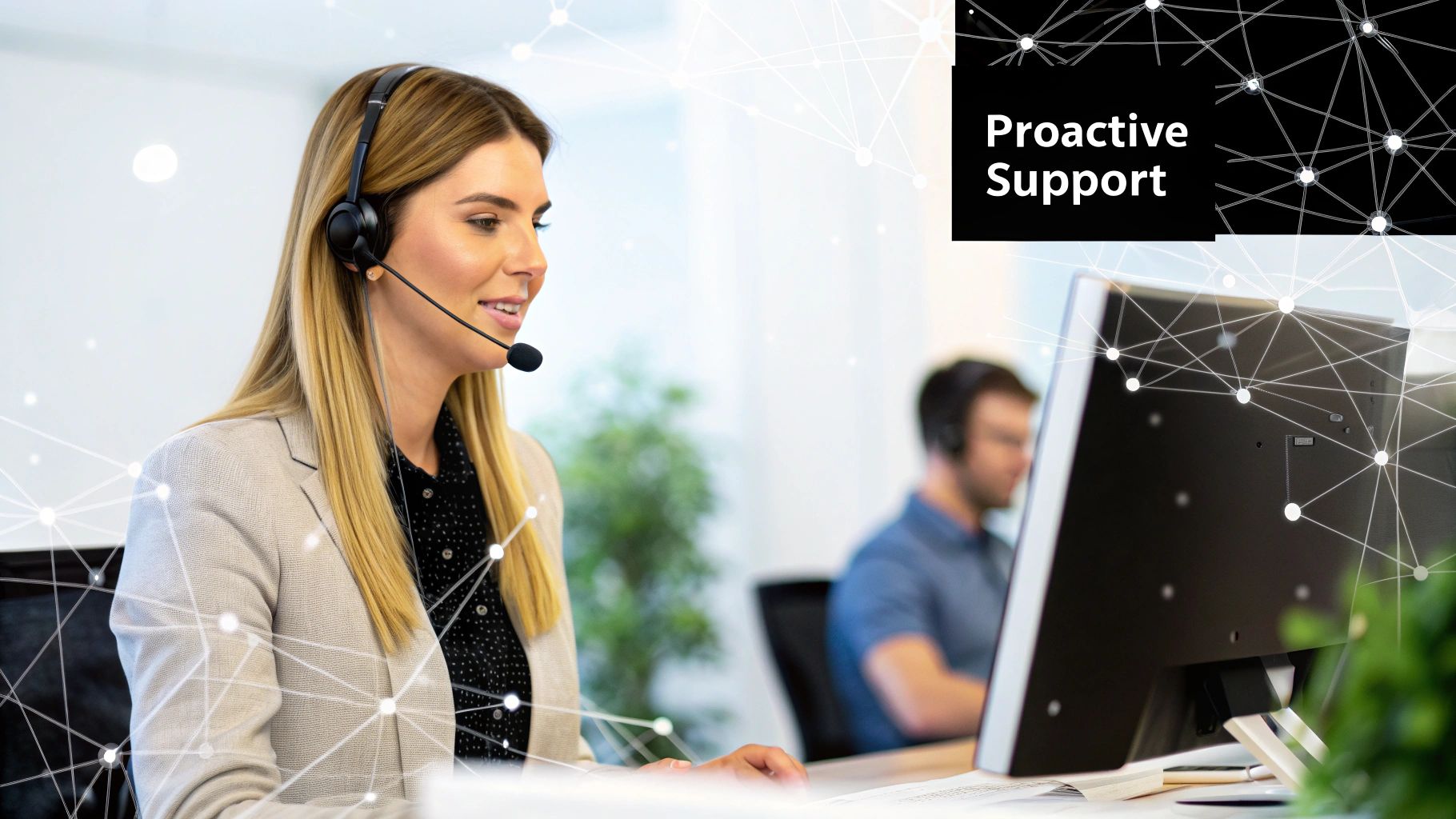 Smiling customer service agent with a headset working at a computer in a modern office, symbolizing proactive support.