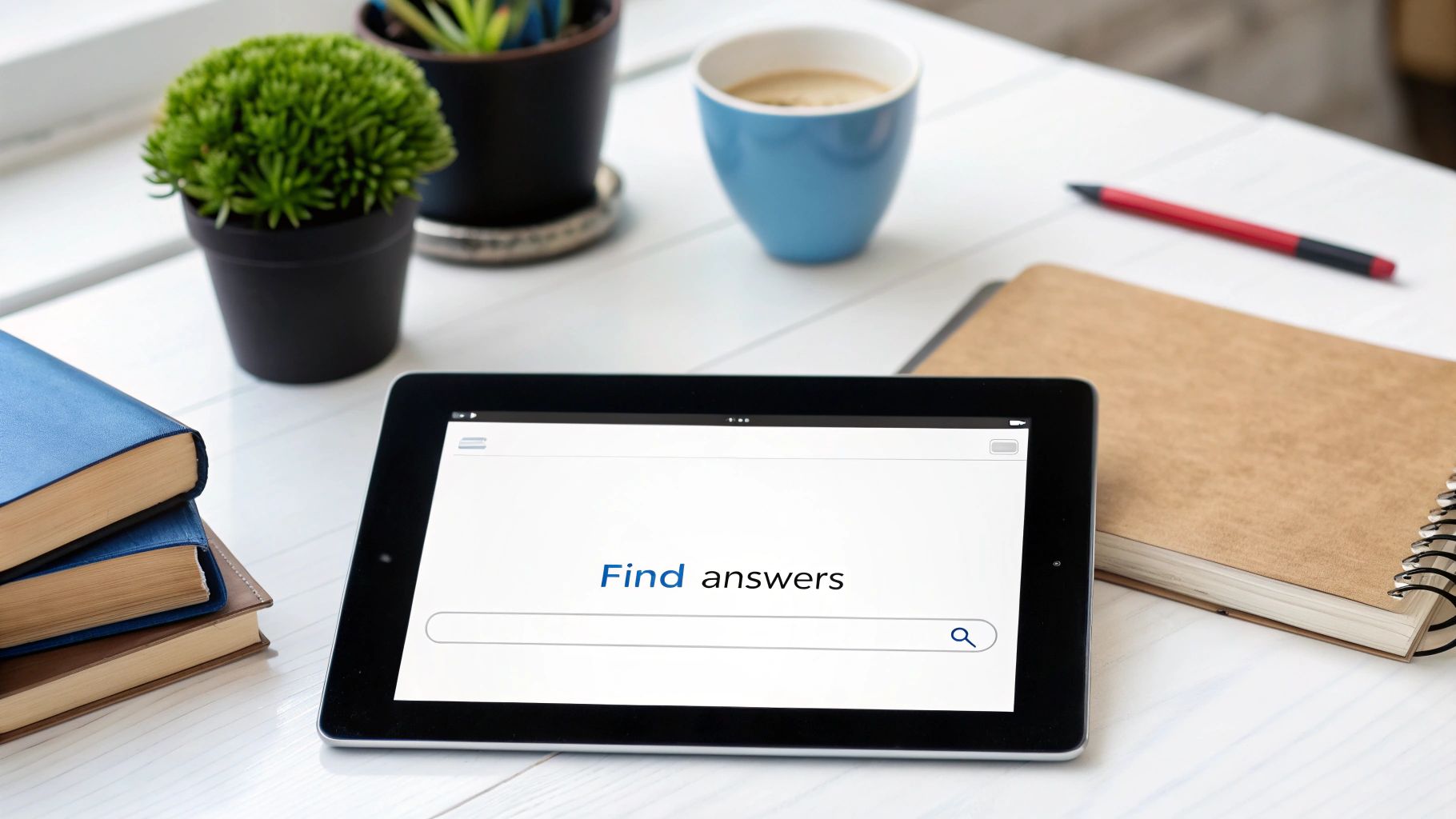 A tablet on a white desk displays 'Find answers' above a search bar, surrounded by books, plants, and coffee.