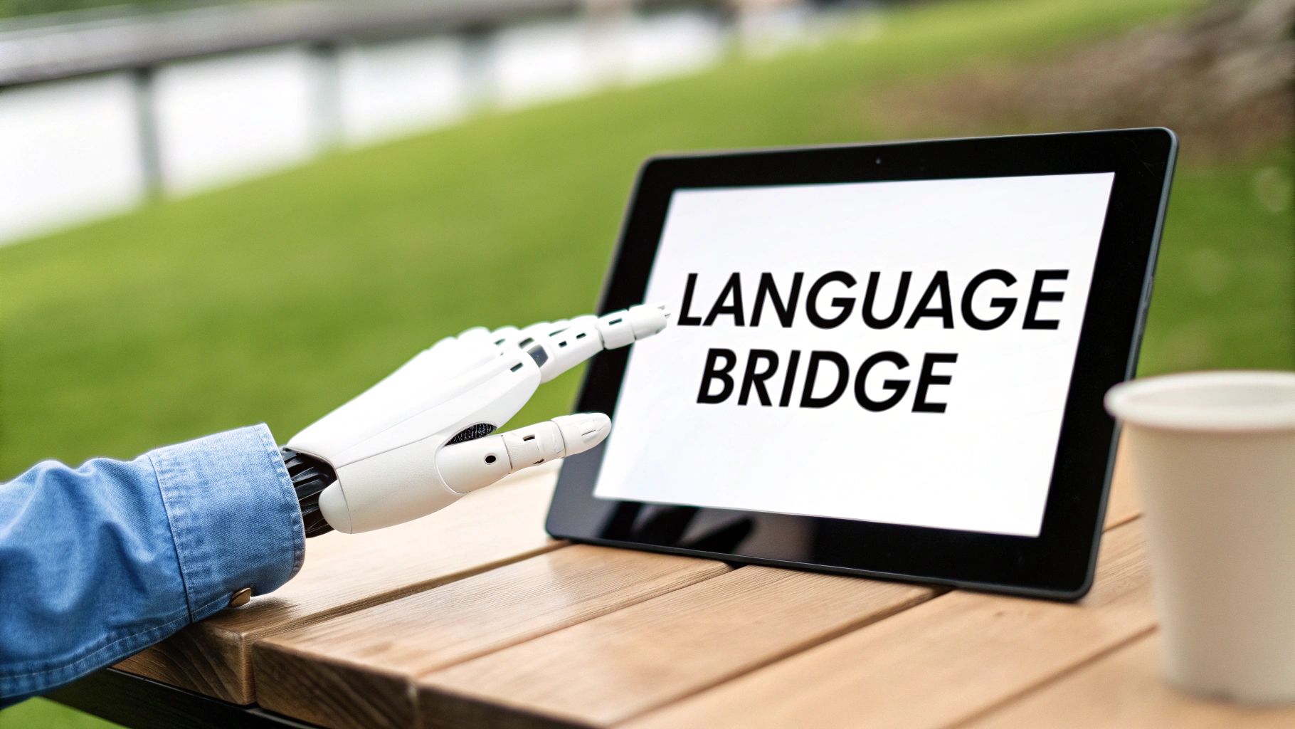 A robotic arm in a denim sleeve points at a tablet displaying 'LANGUAGE BRIDGE' on a wooden table.