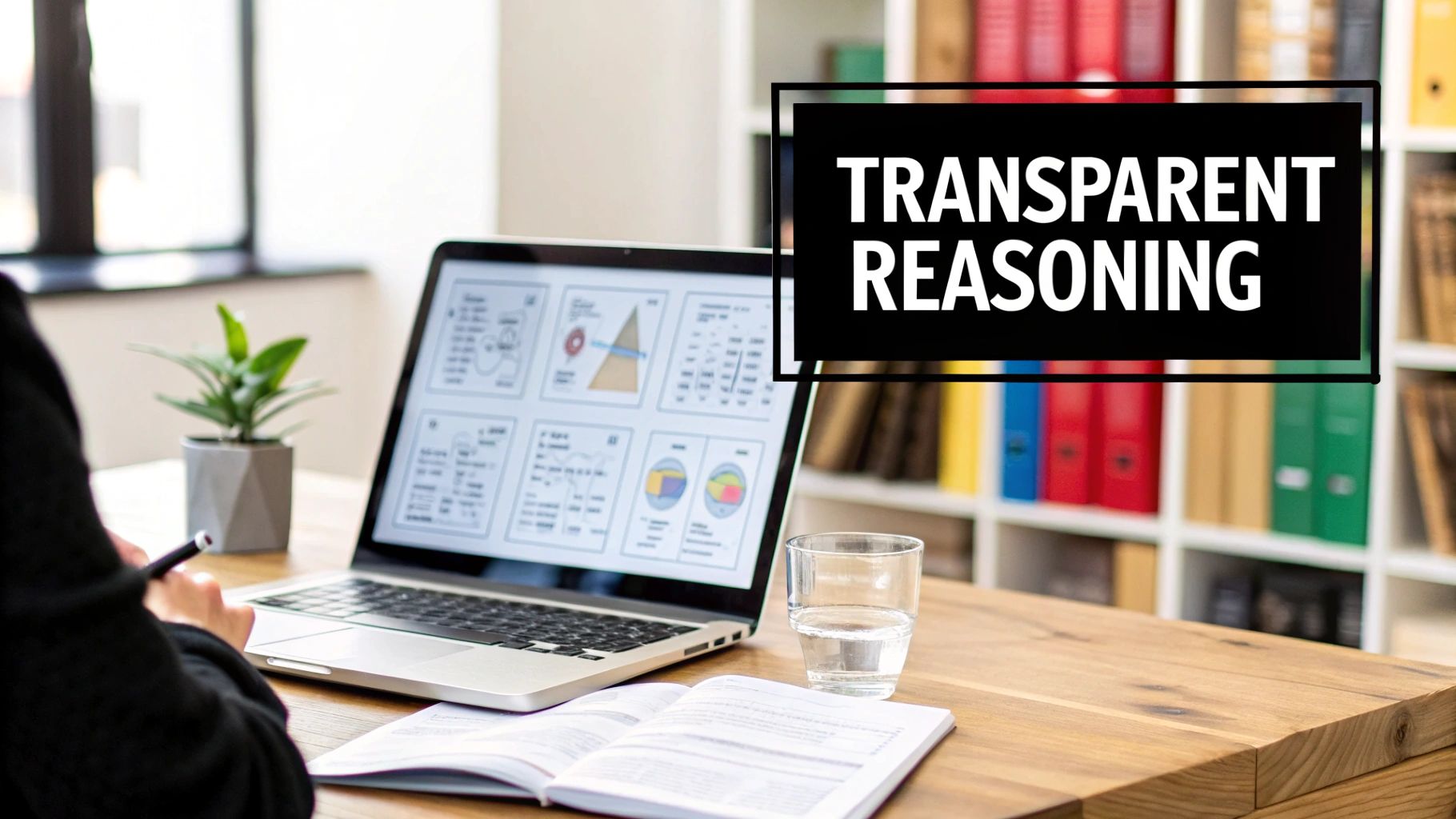 A person works at a desk with a laptop showing data, an open book, and text 'TRANSPARENT REASONING'.