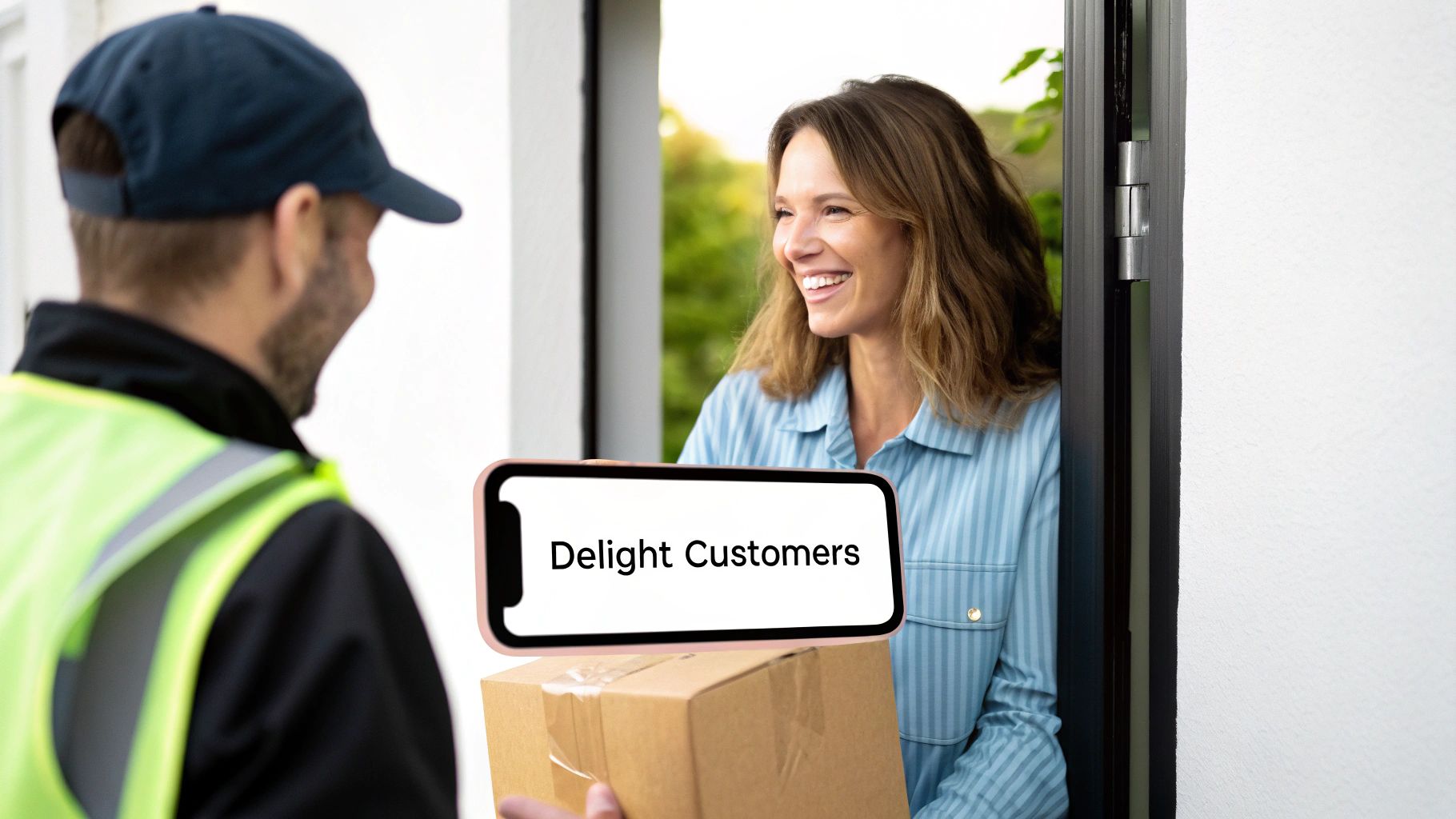 A delivery person hands a package to a smiling woman, with a phone displaying 'Delight Customers'.