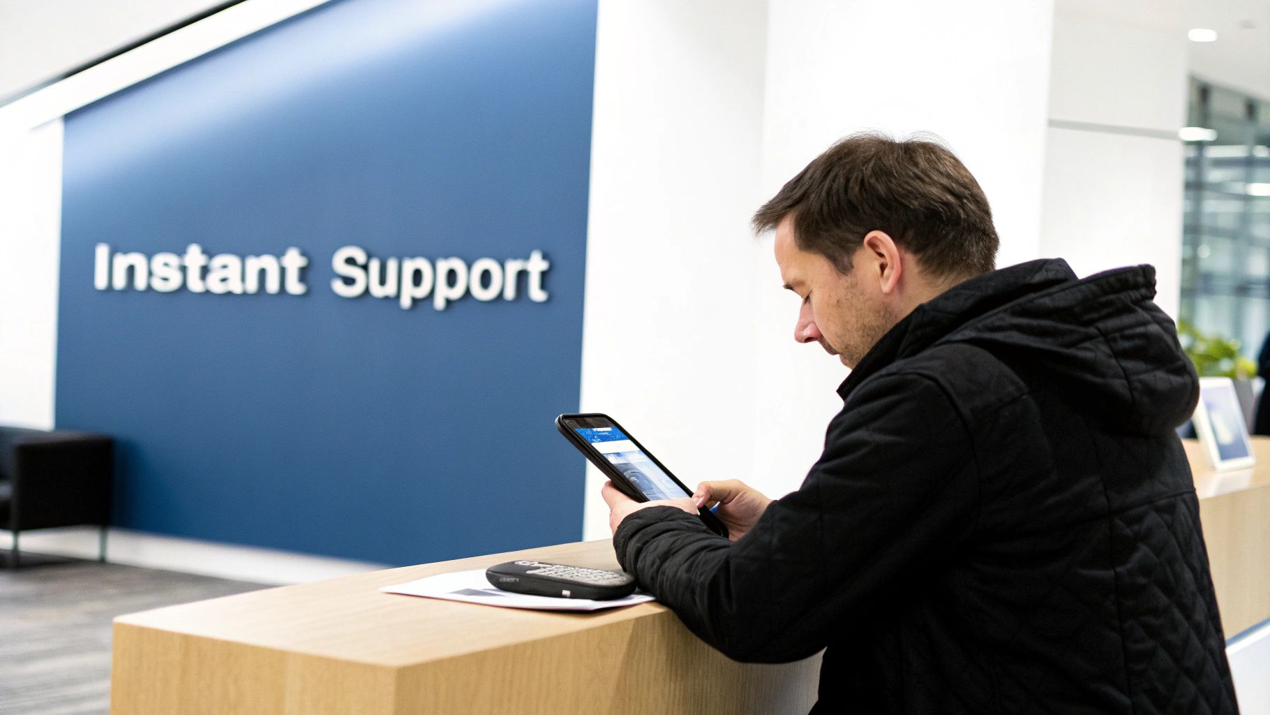 Customer using a mobile device at an 'Instant Support' desk, possibly for banking assistance.