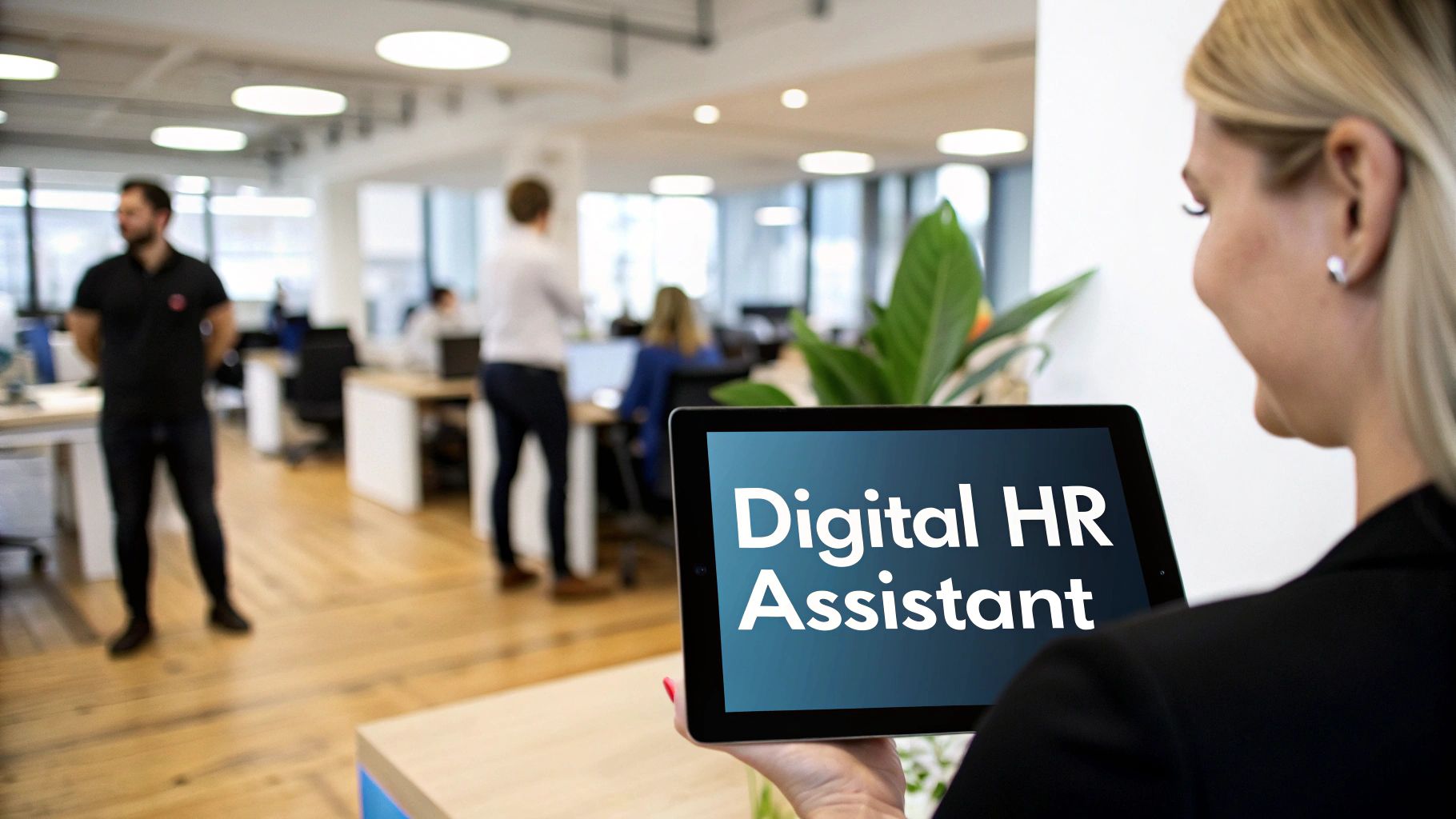 A woman smiling while holding a tablet displaying 'Digital HR Assistant' in an office.