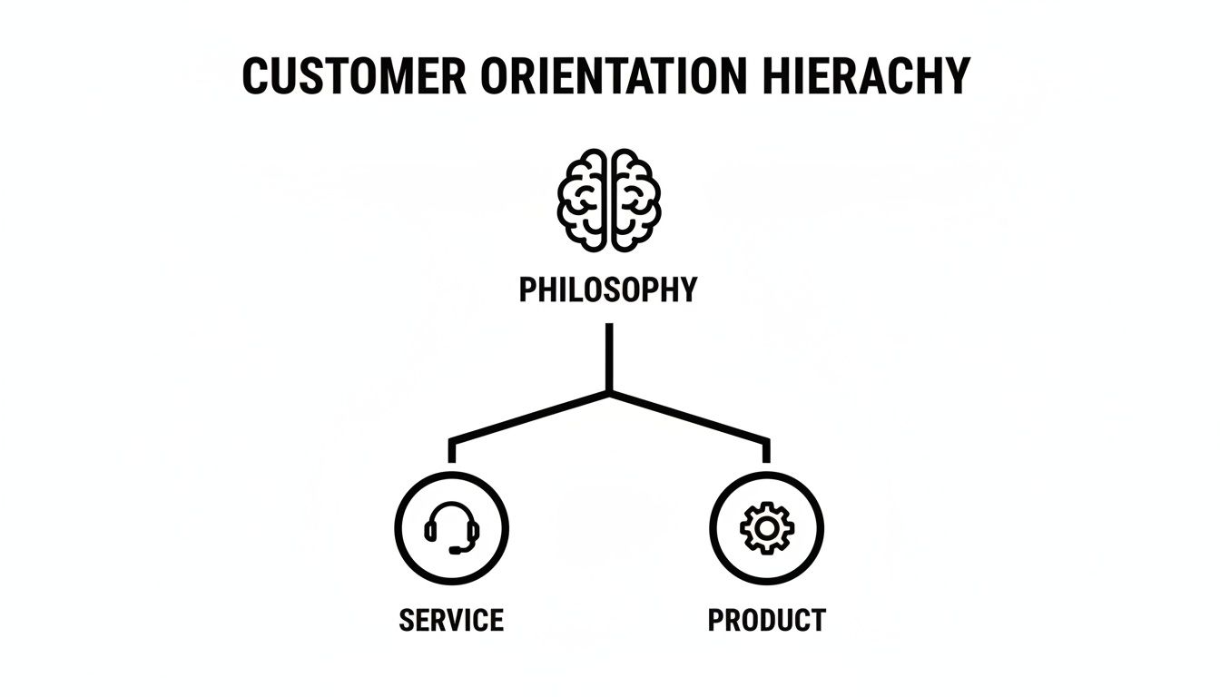 A hierarchy diagram titled 'Customer Orientation Hierarchy' showing Philosophy at the top, branching into Service and Product.