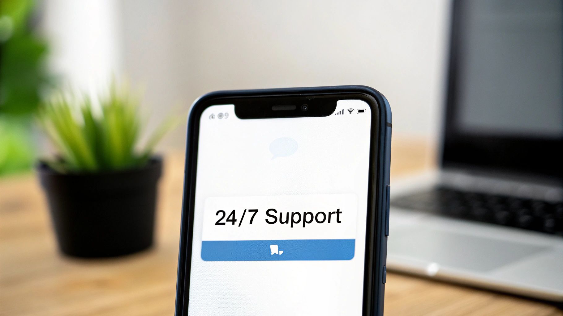 A smartphone displays '24/7 Support' text on its screen, indicating constant customer service availability.