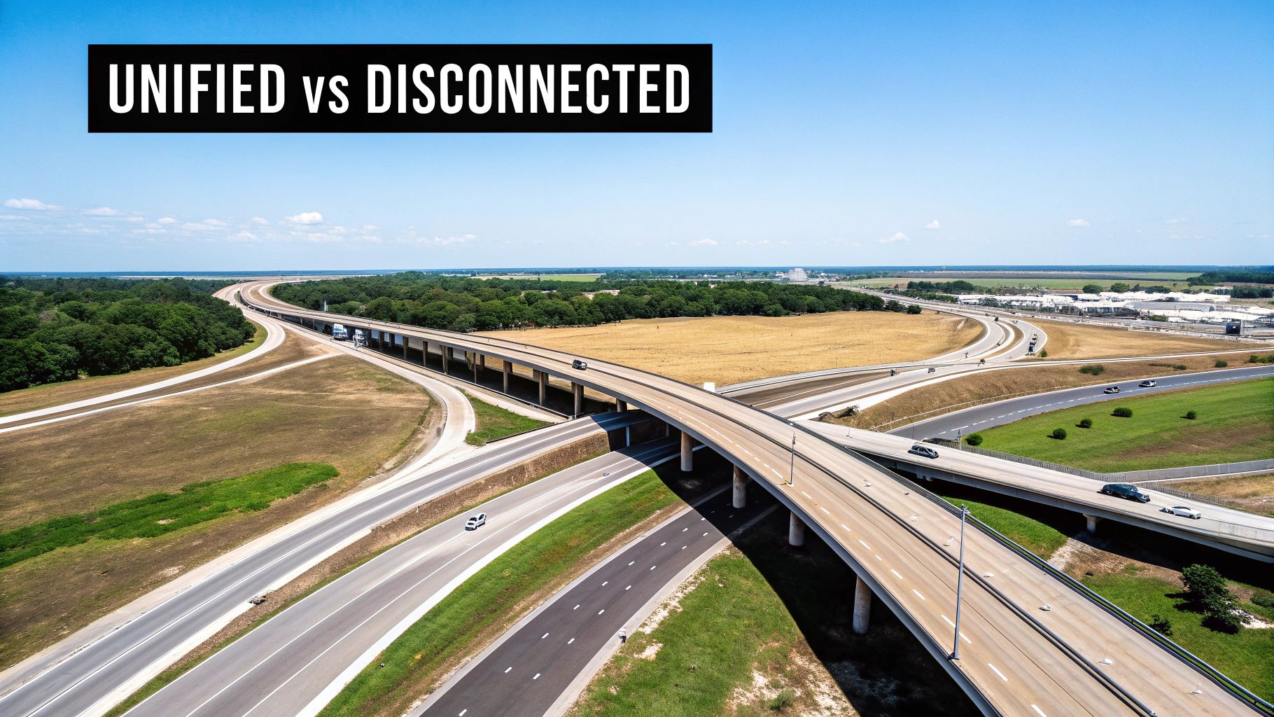Aerial view of a complex highway interchange with multiple roads under a clear blue sky, showing 'UNIFIED vs DISCONNECTED'.