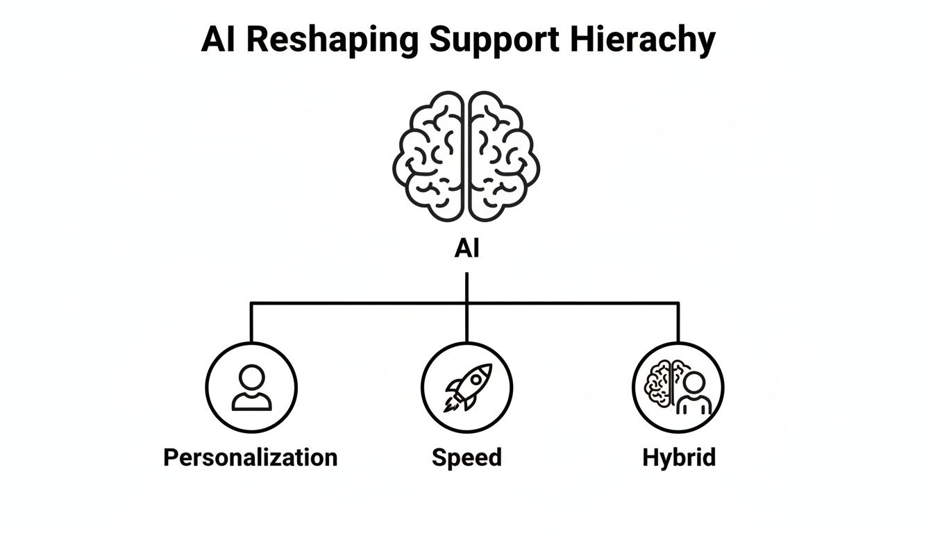 A diagram illustrating AI reshaping support hierarchy, branching into personalization, speed, and hybrid support models.