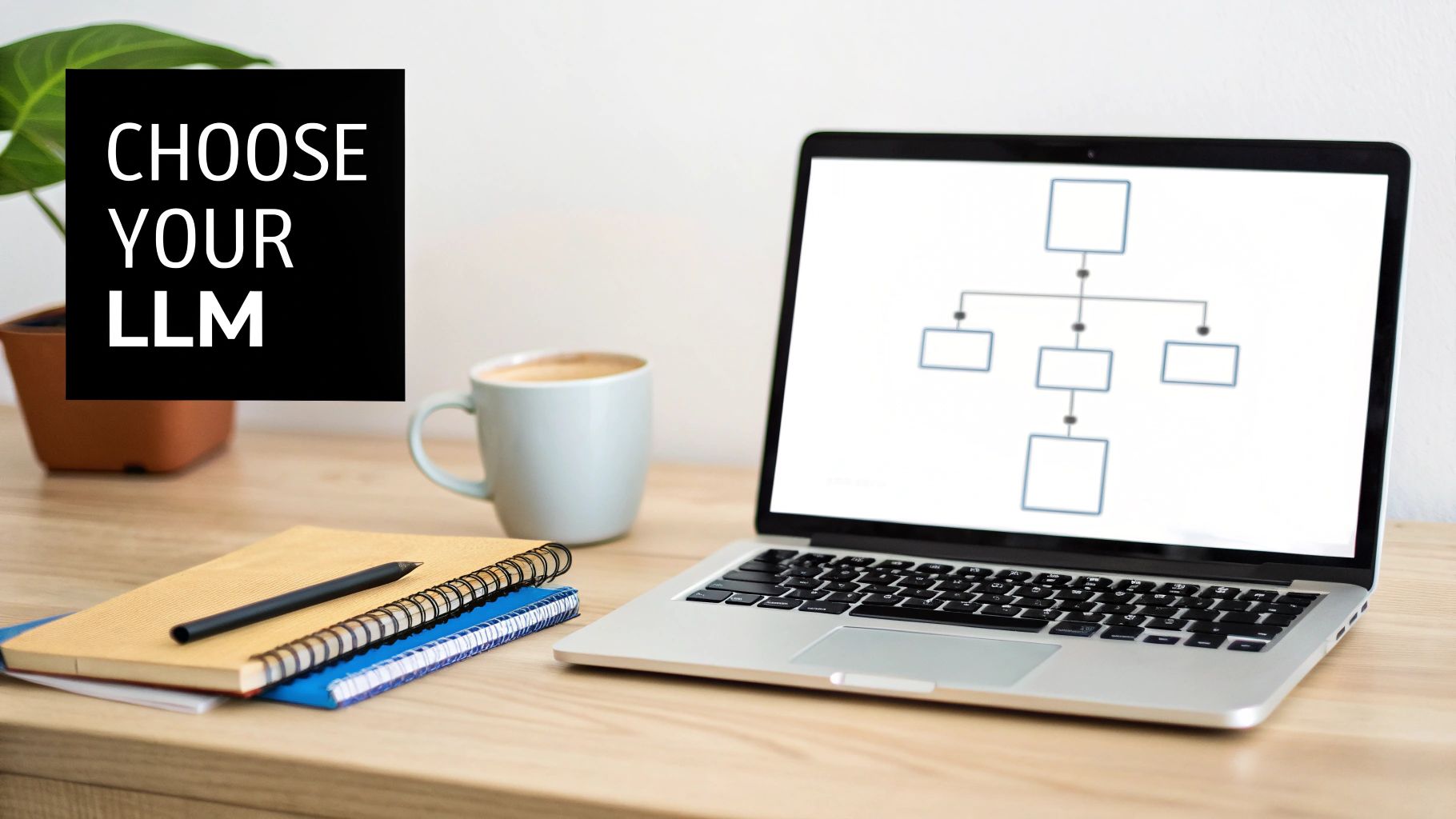 Laptop displaying 'CHOOSE YOUR LLM' text and a flowchart, alongside a coffee mug and notebooks on a desk.