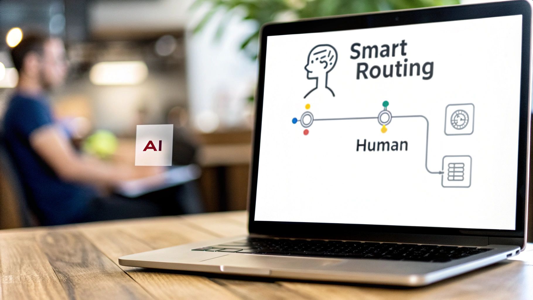 A laptop on a wooden desk displays a 'Smart Routing' diagram with human interaction and an AI text box.