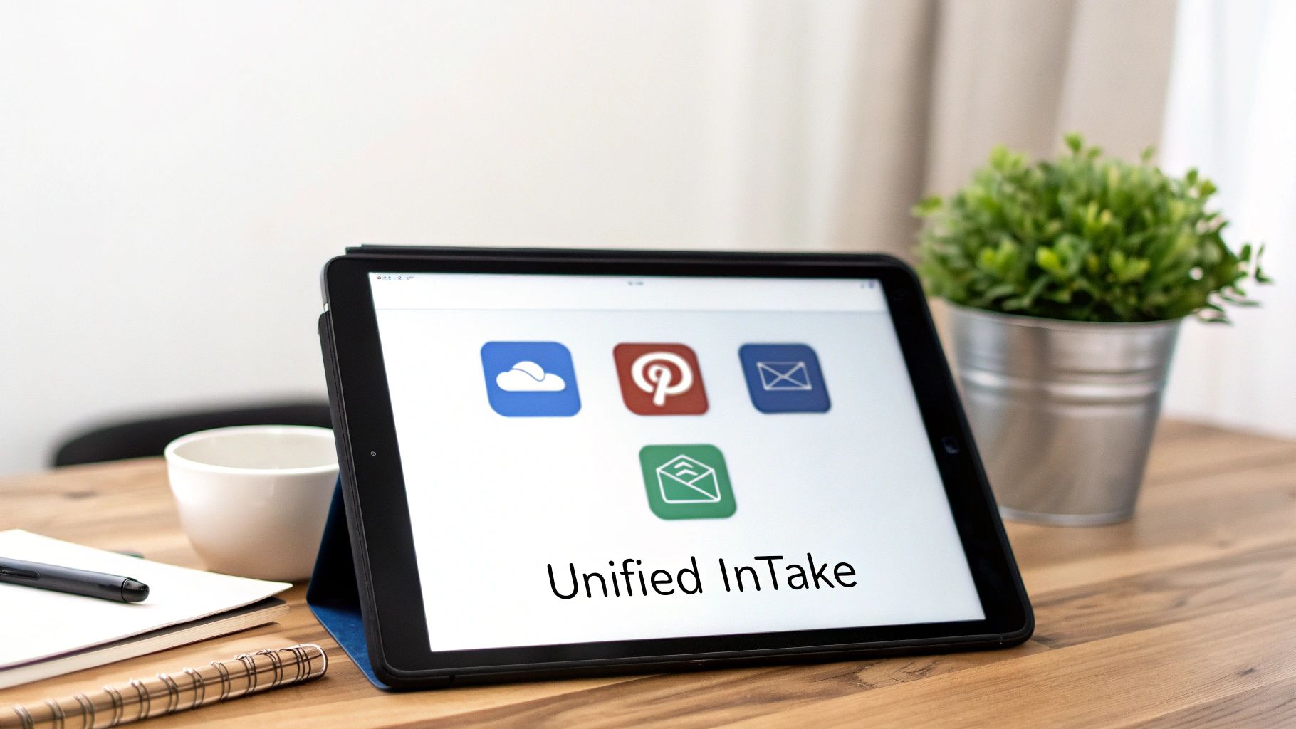 A tablet on a wooden desk displays 'Unified InTake' with cloud, Pinterest, and mail app icons.