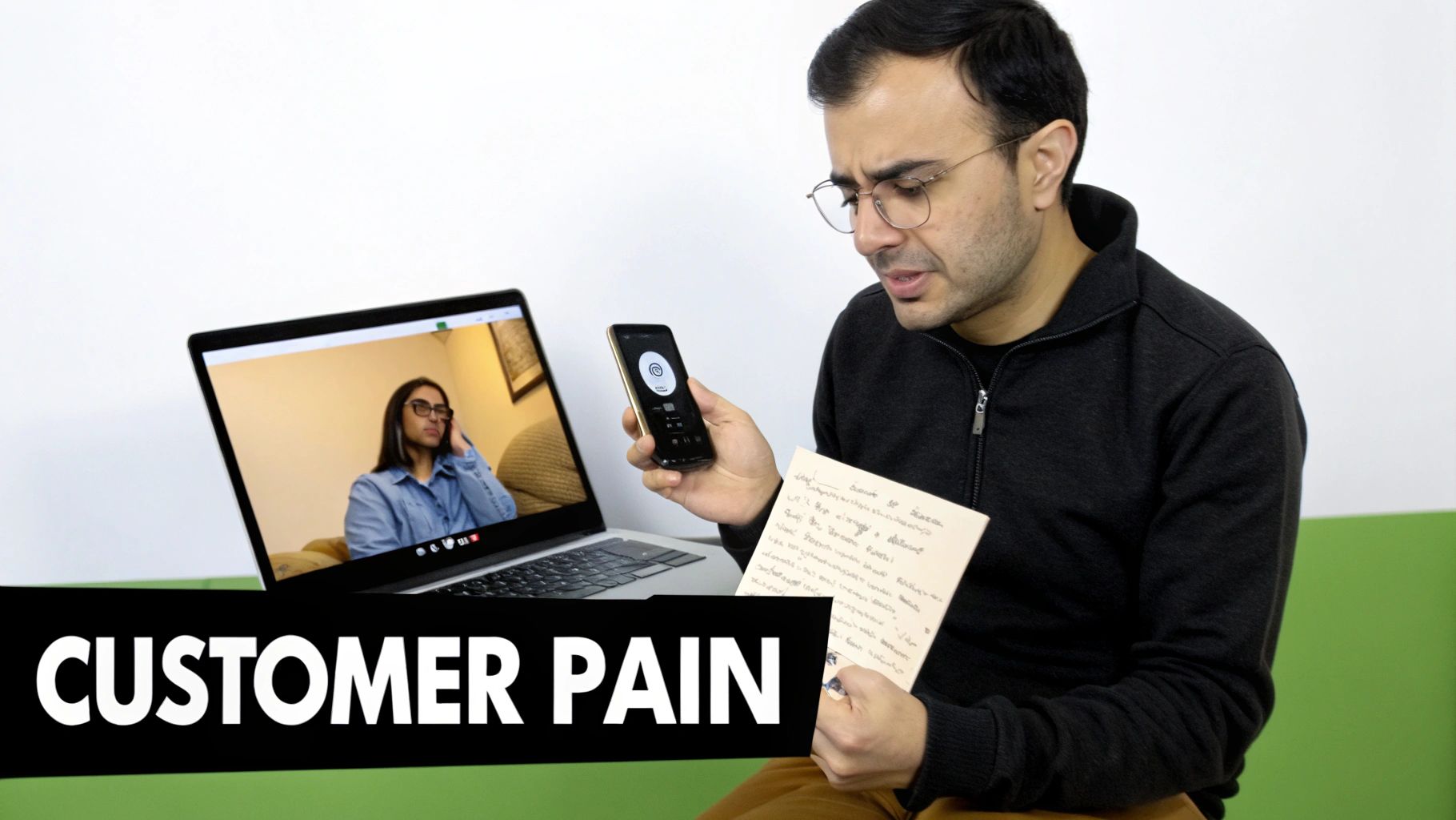 Man analyzing customer pain with video call on laptop, phone, and written notes.