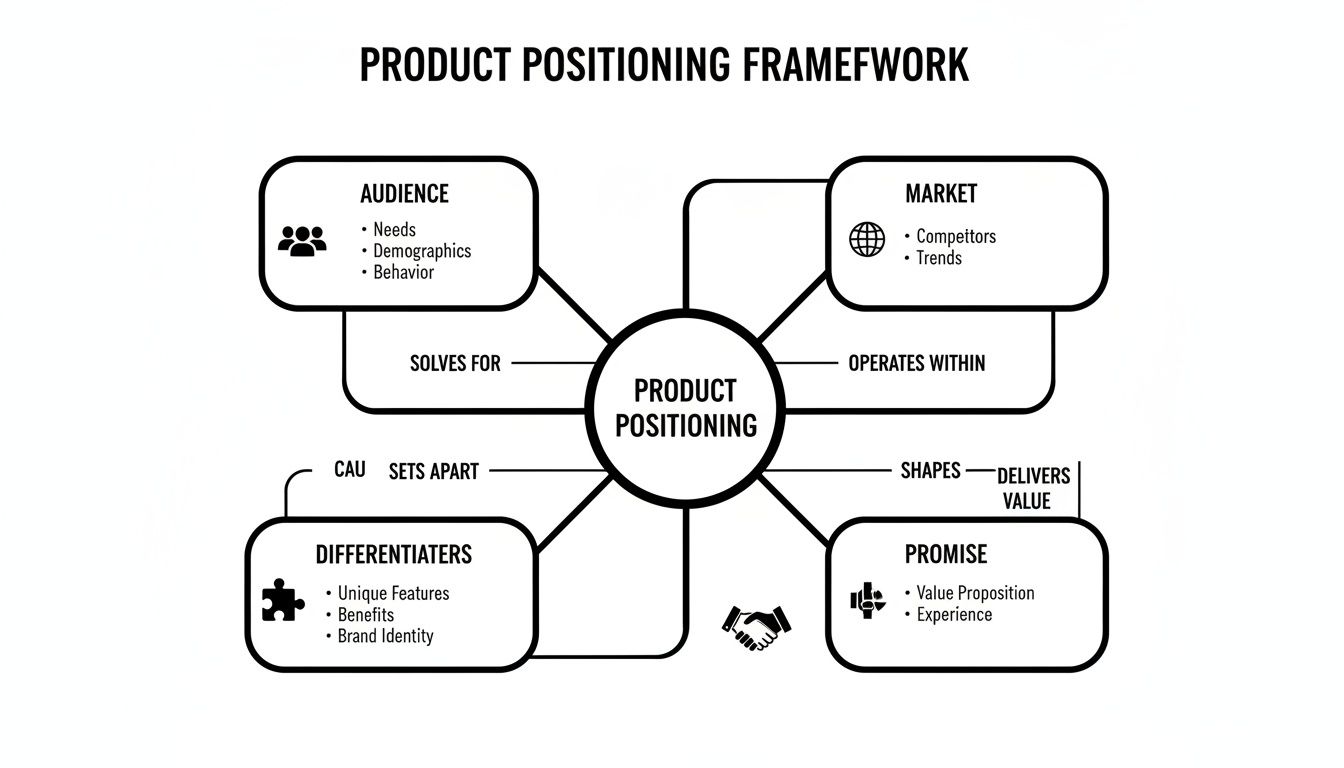 Product positioning framework diagram outlining key components: audience, market, differentiators, and promise.