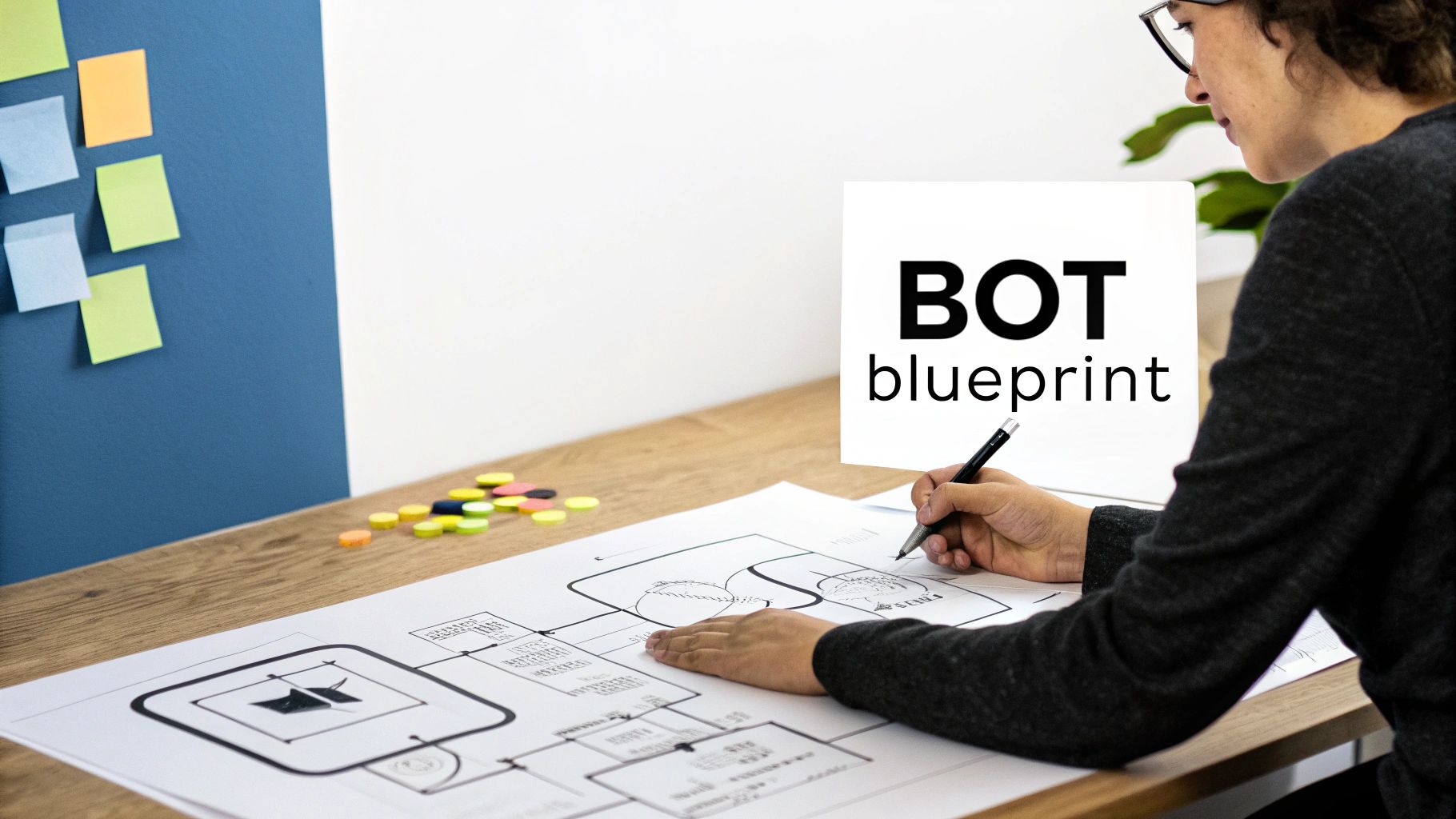 A person draws a 'BOT blueprint' on a large sheet of paper on a wooden desk.