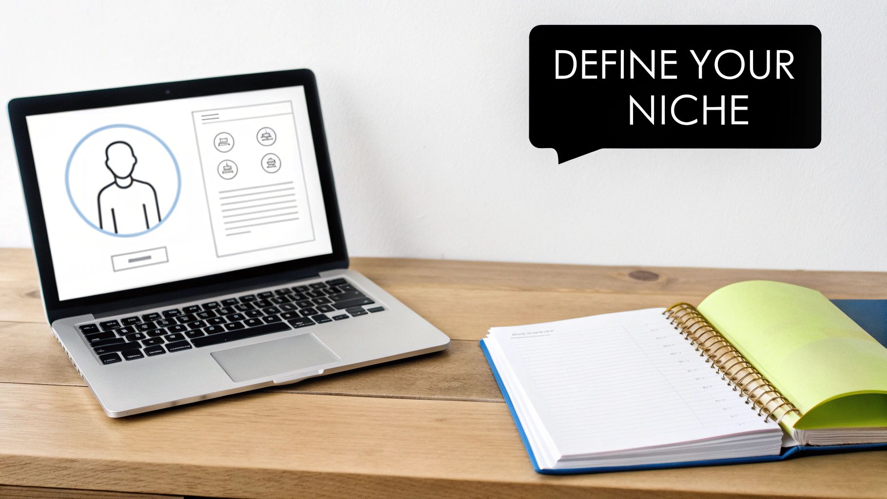 A laptop displaying a user profile, notebook, and a speech bubble saying 'Define Your Niche' on a wooden desk.