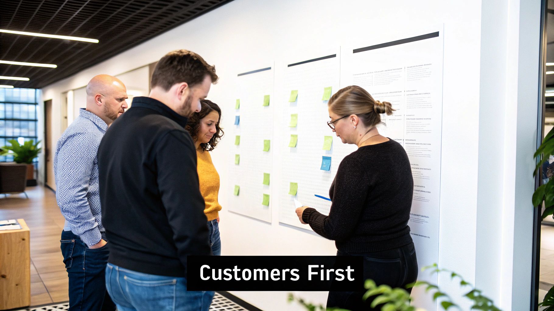 Four colleagues discussing ideas on a whiteboard with sticky notes in a modern office environment.