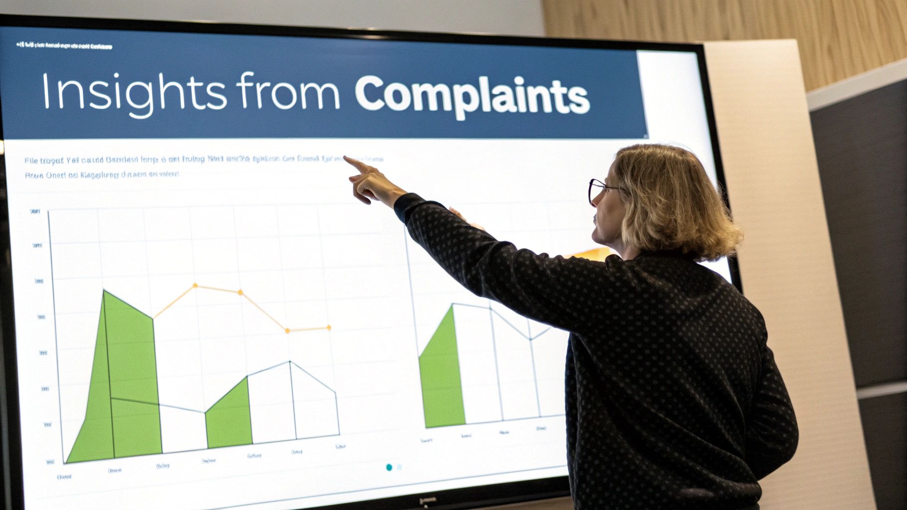 A woman points at a large screen displaying a chart and 'Insights from Complaints' presentation.