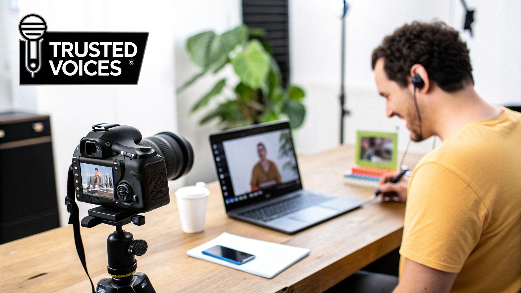 A man recording a video on a DSLR camera while on a laptop video call at a desk.