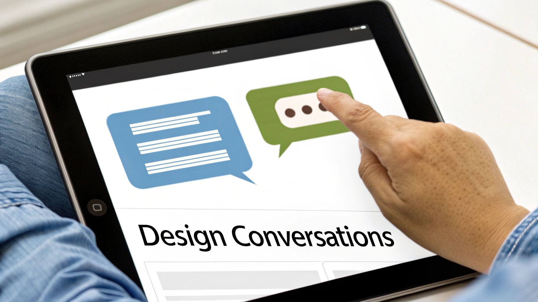 A hand interacts with a tablet showing two chat bubble icons and 