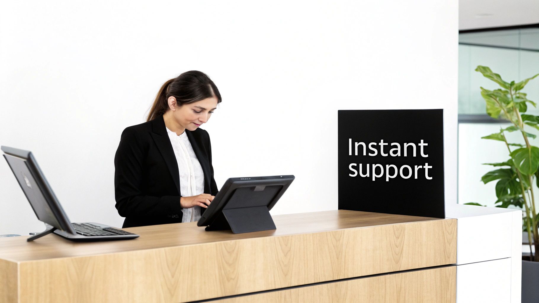 A woman in a black blazer works at a reception desk with a tablet and laptop, next to an 'Instant support' sign.