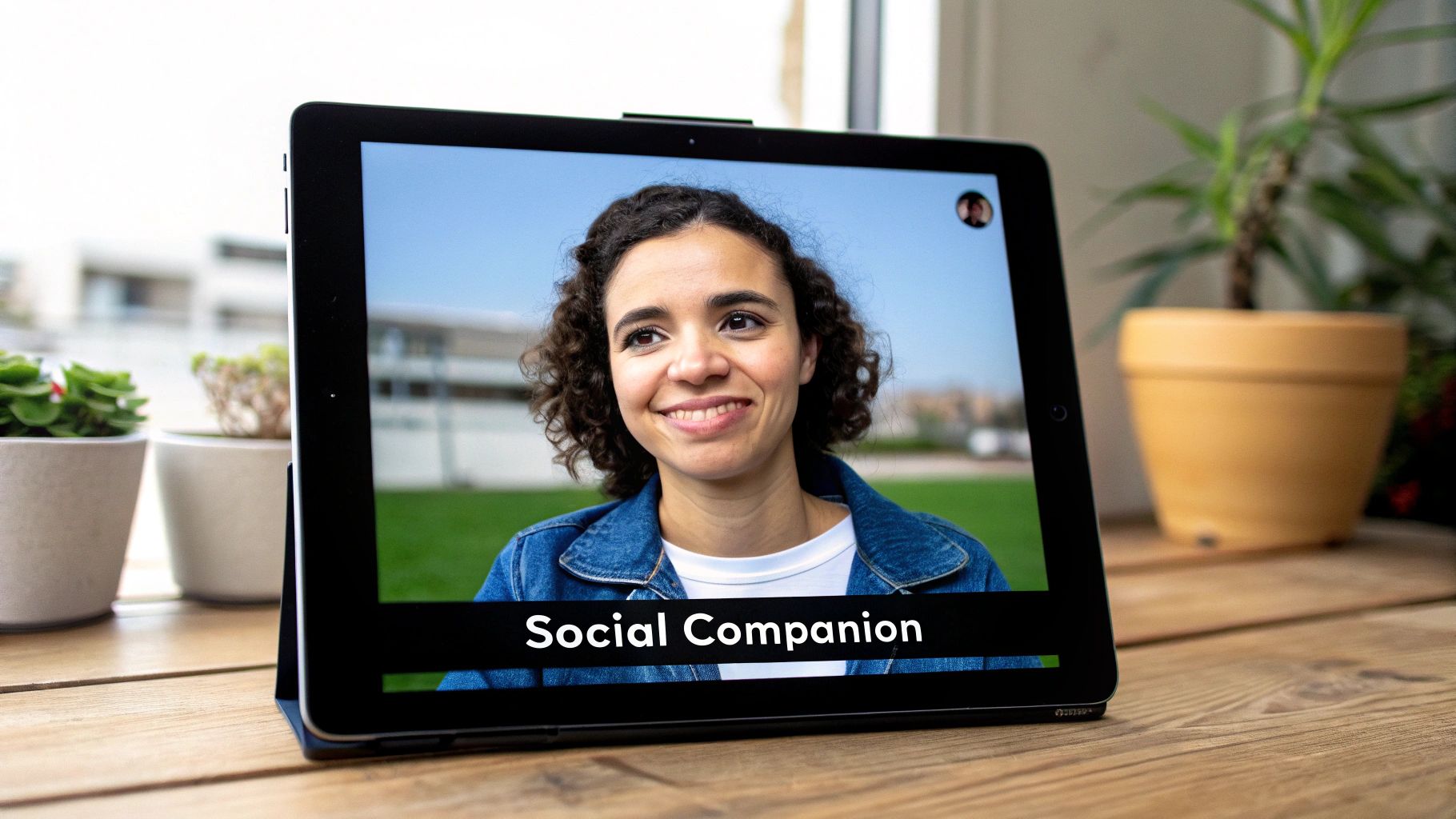A tablet displays a video call of a smiling woman, with 'Social Companion' text on the screen.