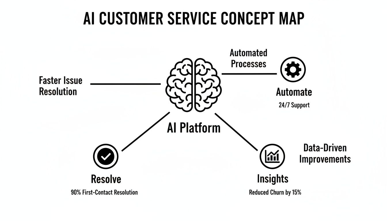 AI customer service concept map showing benefits like faster resolution, automation, and data-driven insights.