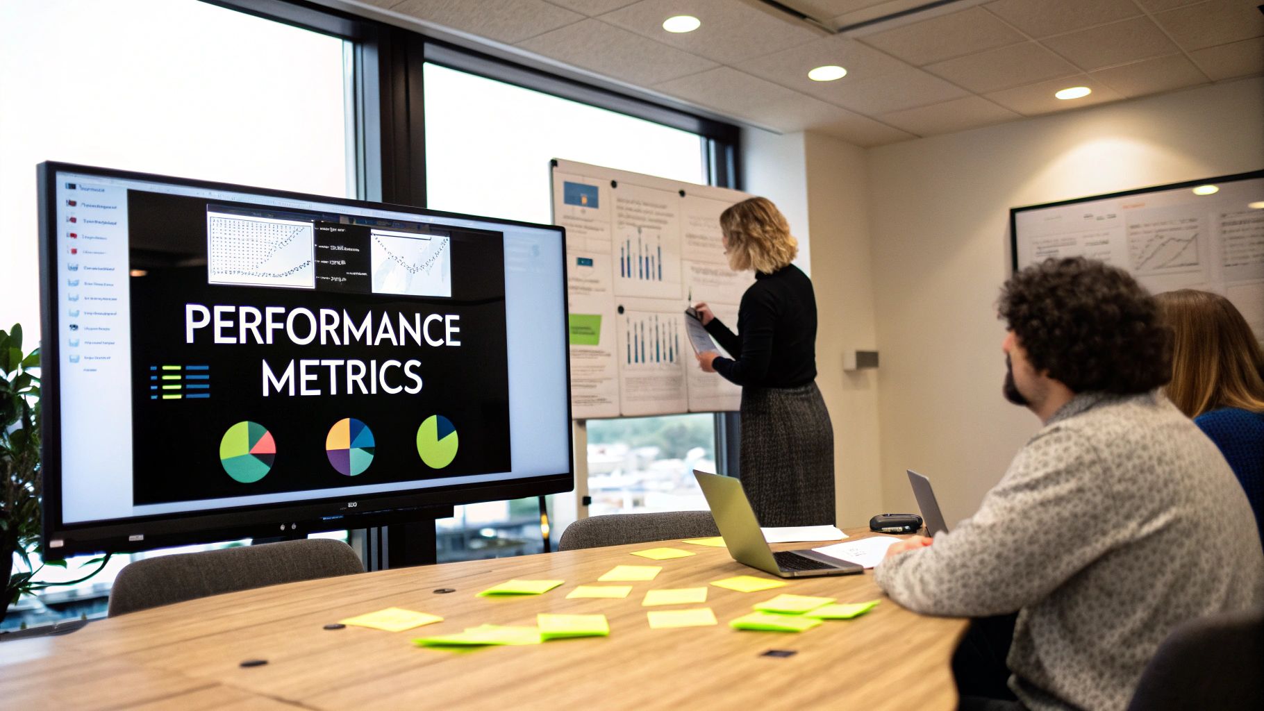 Business team reviewing performance metrics on a large screen and whiteboard during a meeting.