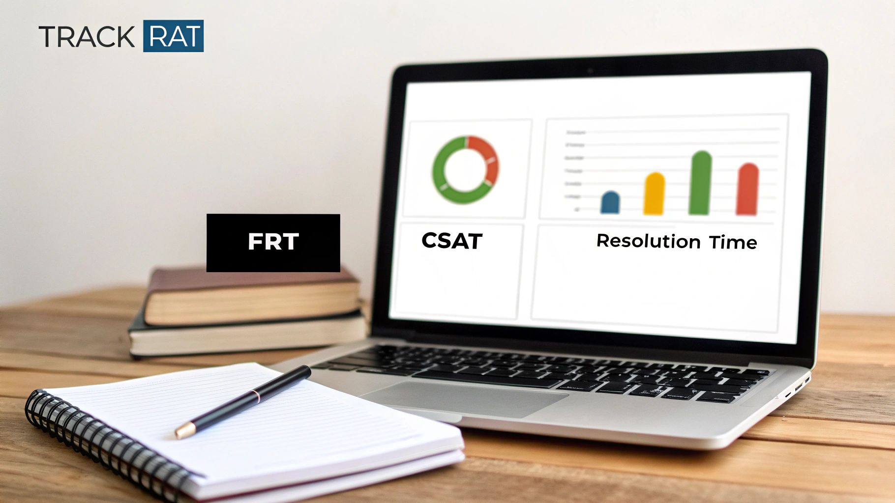 A laptop displays customer service metrics for CSAT and Resolution Time, with a notebook, pen, and books on a wooden desk.