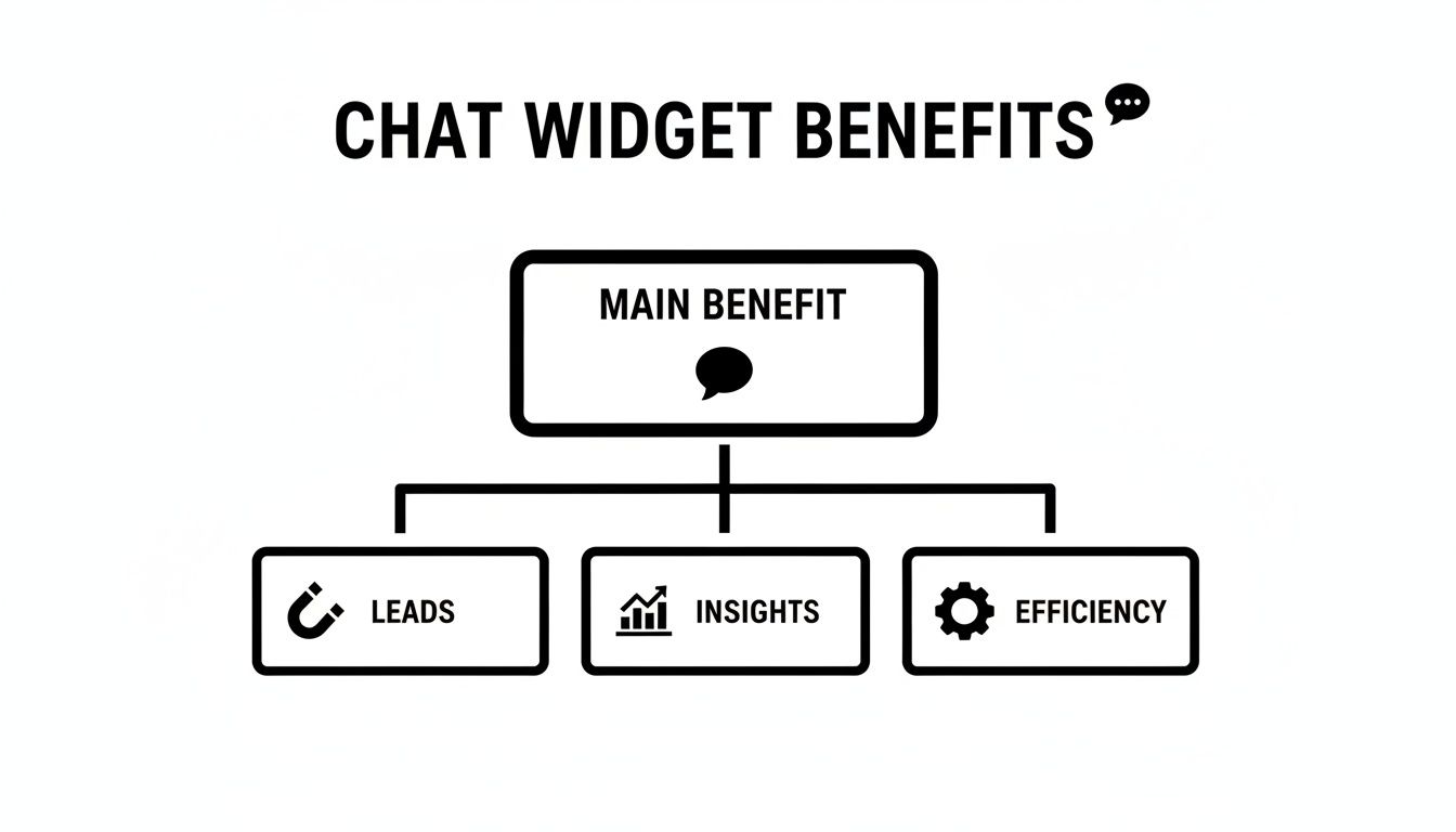 Diagram illustrating the benefits of a chat widget, including generating leads, providing insights, and improving efficiency.
