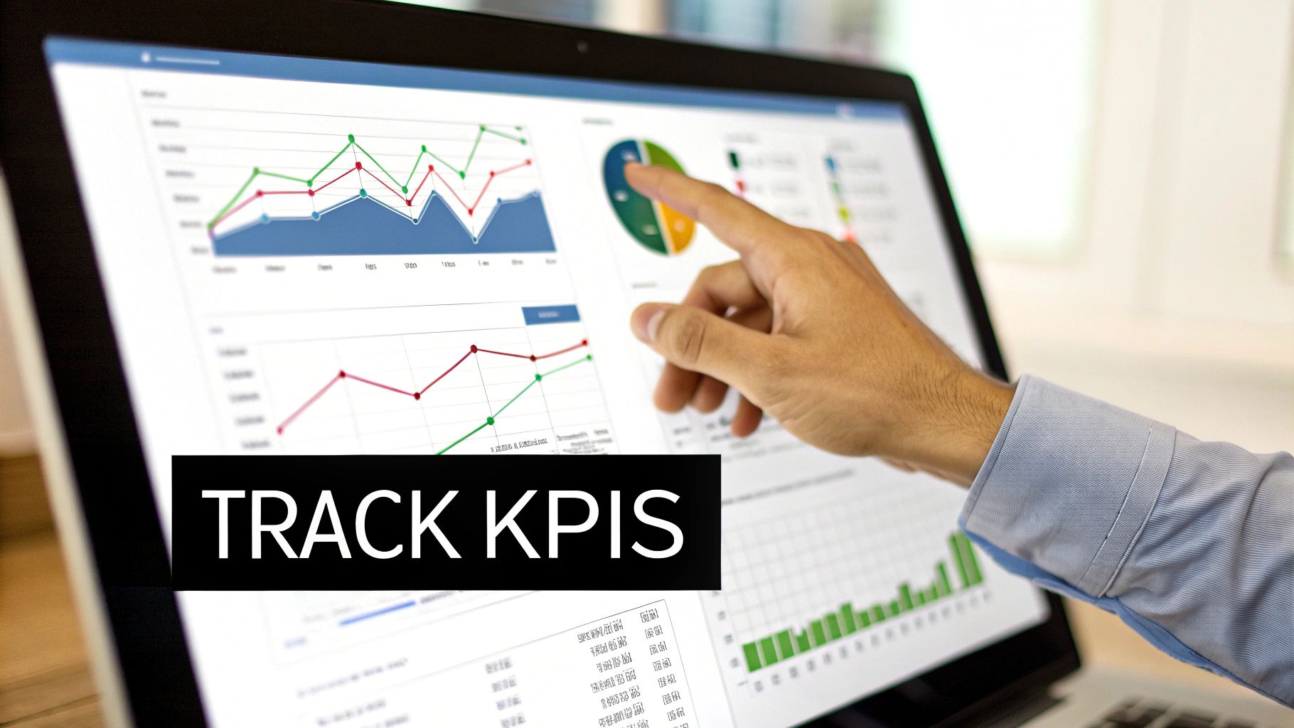 A hand pointing at a laptop screen showing business charts and graphs, with 'TRACK KPIS' overlay.