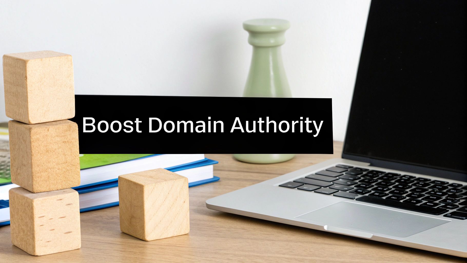 A desk with a laptop, stacked books, wooden blocks, and a banner reading 'Boost Domain Authority'.