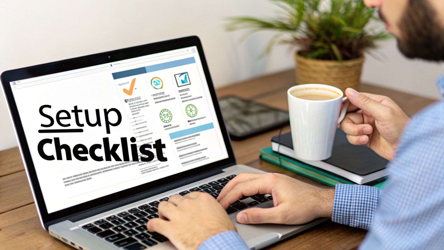 A person works on a laptop displaying a 'Setup Checklist' while holding a coffee mug.