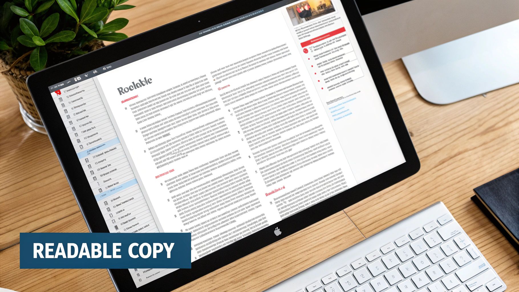 A close-up of a tablet displaying a document with text and a table of contents on a wooden desk next to a keyboard and a plant.