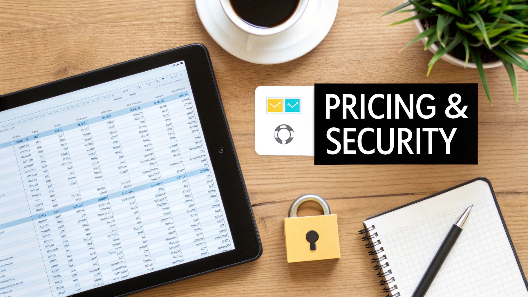 A desk flatlay showing a tablet with data, coffee, a padlock, and a 'Pricing & Security' sign.