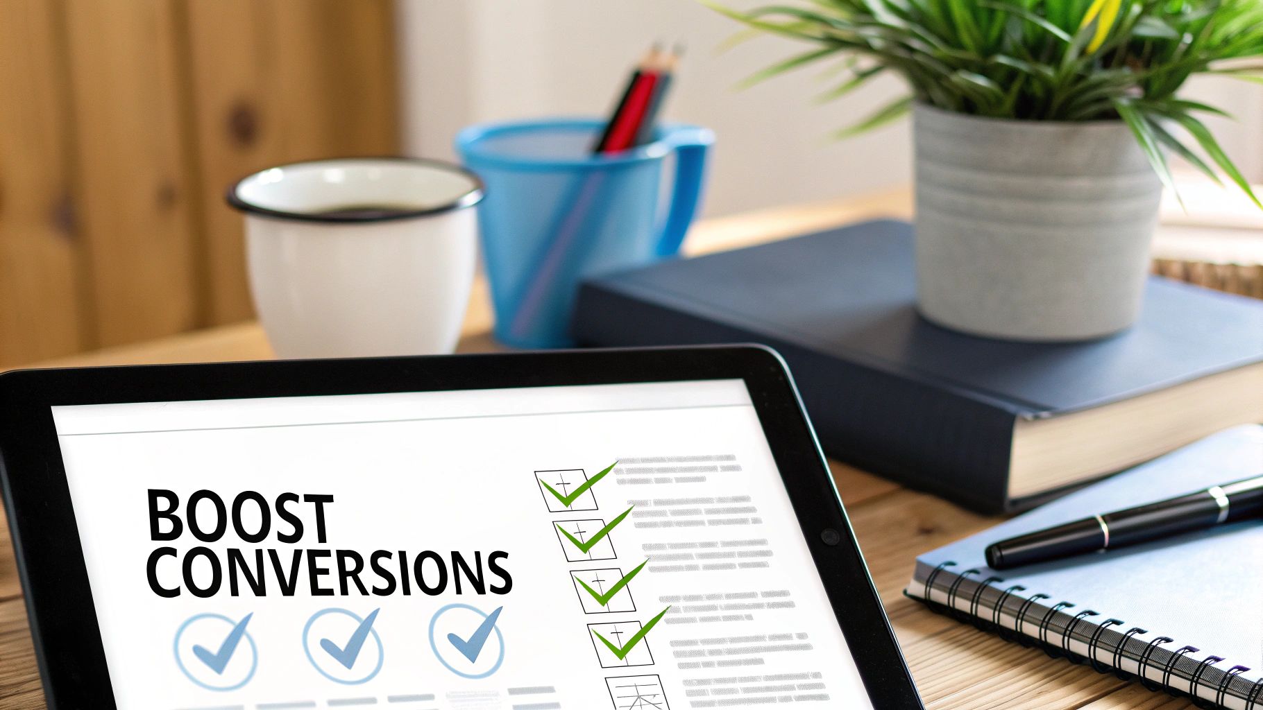 A tablet on a wooden desk displays 'BOOST CONVERSIONS' with green and blue checkmarks, surrounded by office items.