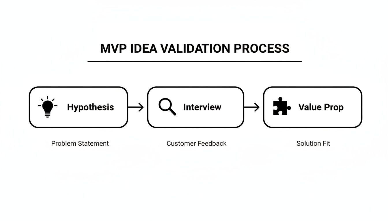 Flowchart illustrating the MVP idea validation process: Hypothesis (Problem Statement), Interview (Customer Feedback), and Value Prop (Solution Fit).